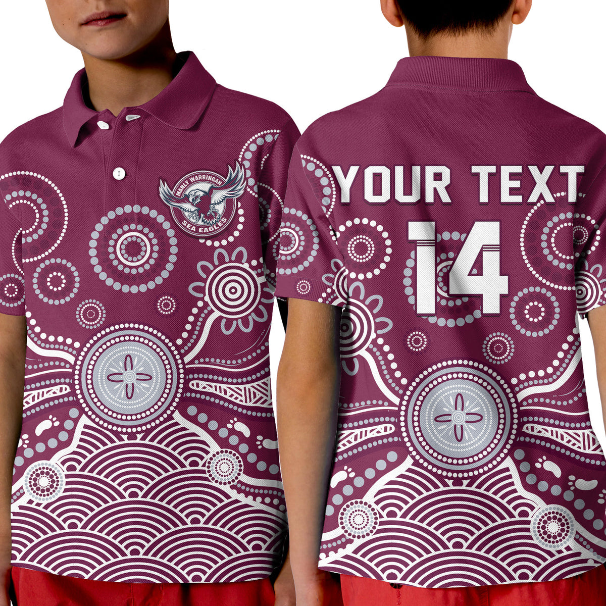 custom-text-and-number-sea-eagles-polo-shirt-kid-manly-warringah-1946-indigenous-painting