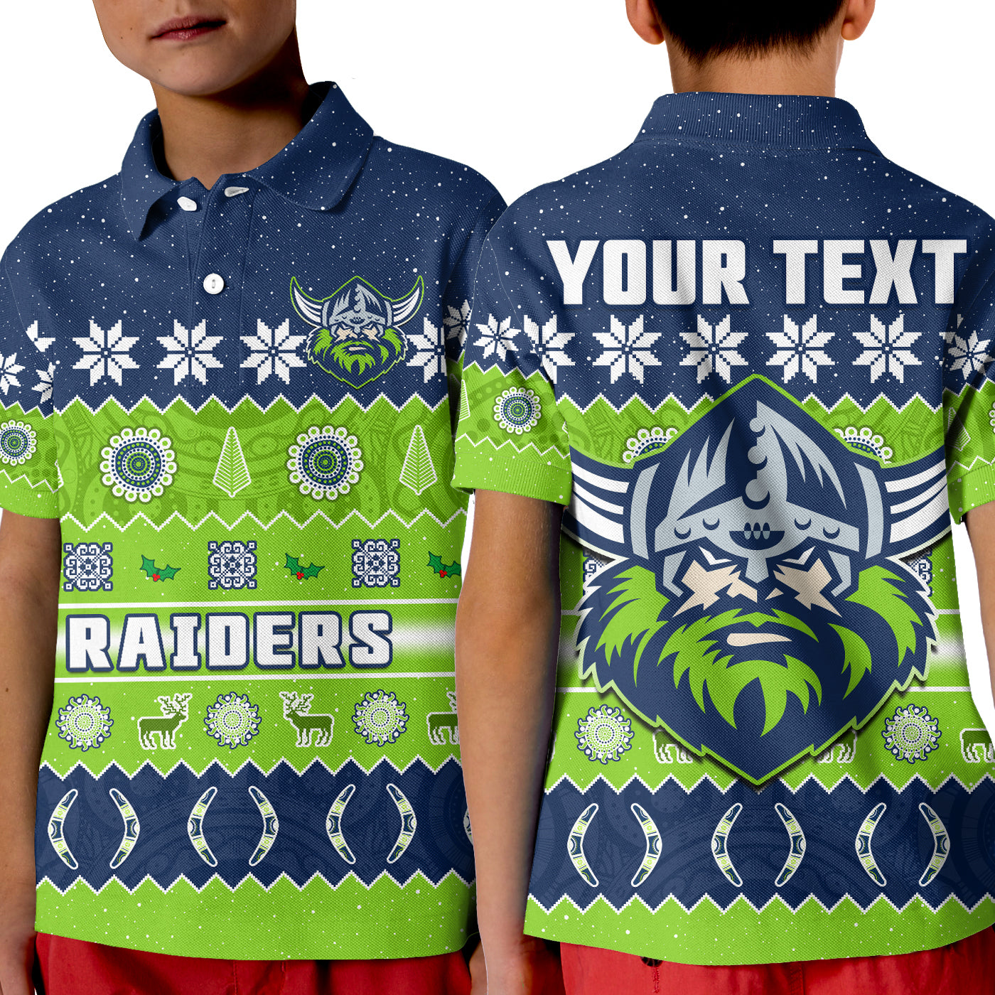 custom-personalised-raiders-christmas-polo-shirt-the-green-machine-aboriginal-art-merry-xmas