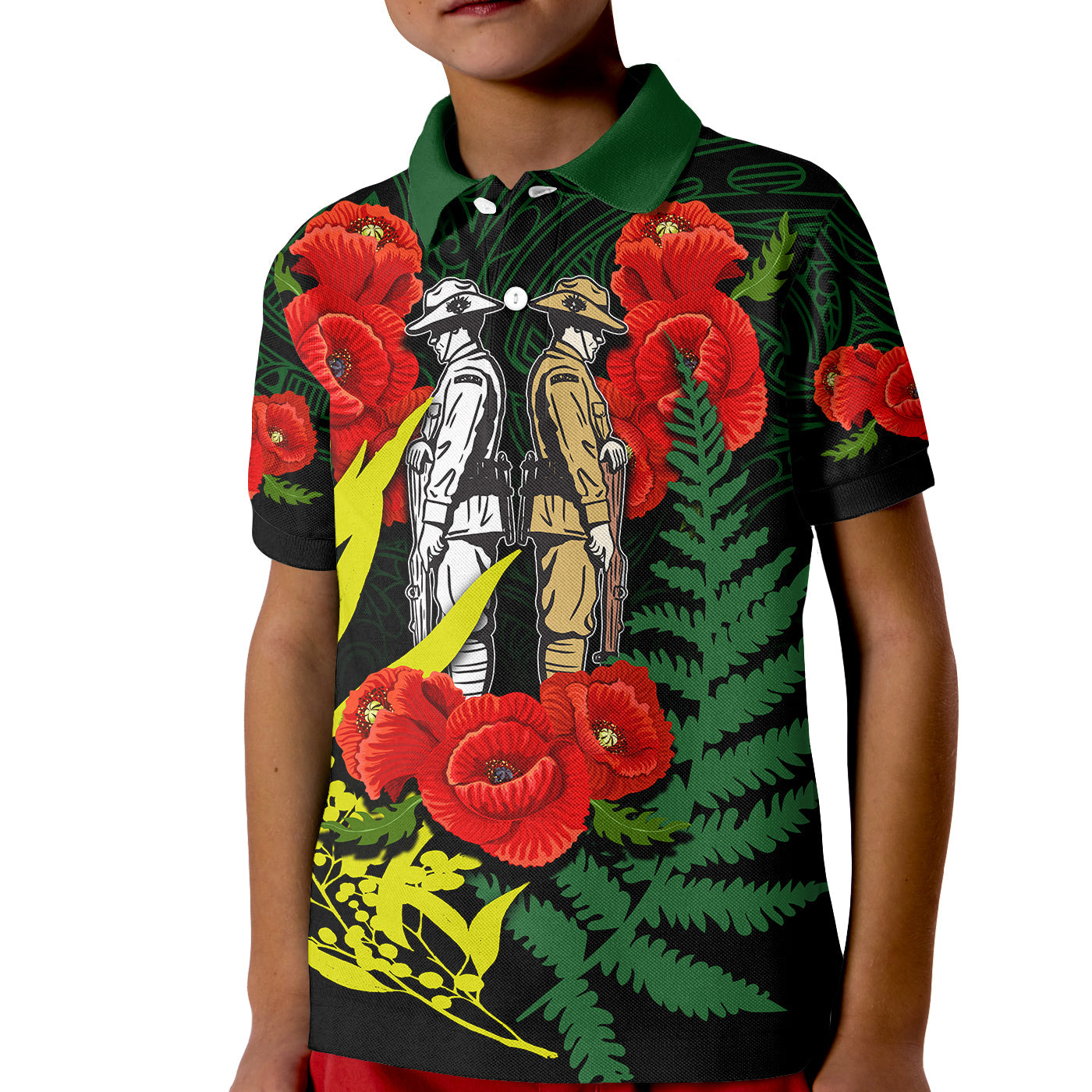 anzac-day-polo-shirt-maori-patterns-green-color