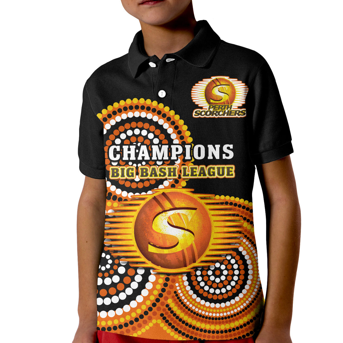 custom-text-and-number-perth-scorchers-cricket-polo-shirt-kid-champions-bbl12-proud-indigenous-art