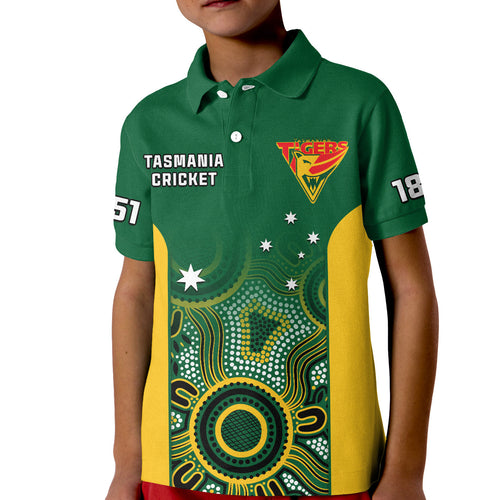 custom-text-and-number-tasmania-cricket-2023-polo-shirt-kid-tigers-sheffield-shield-indigenous