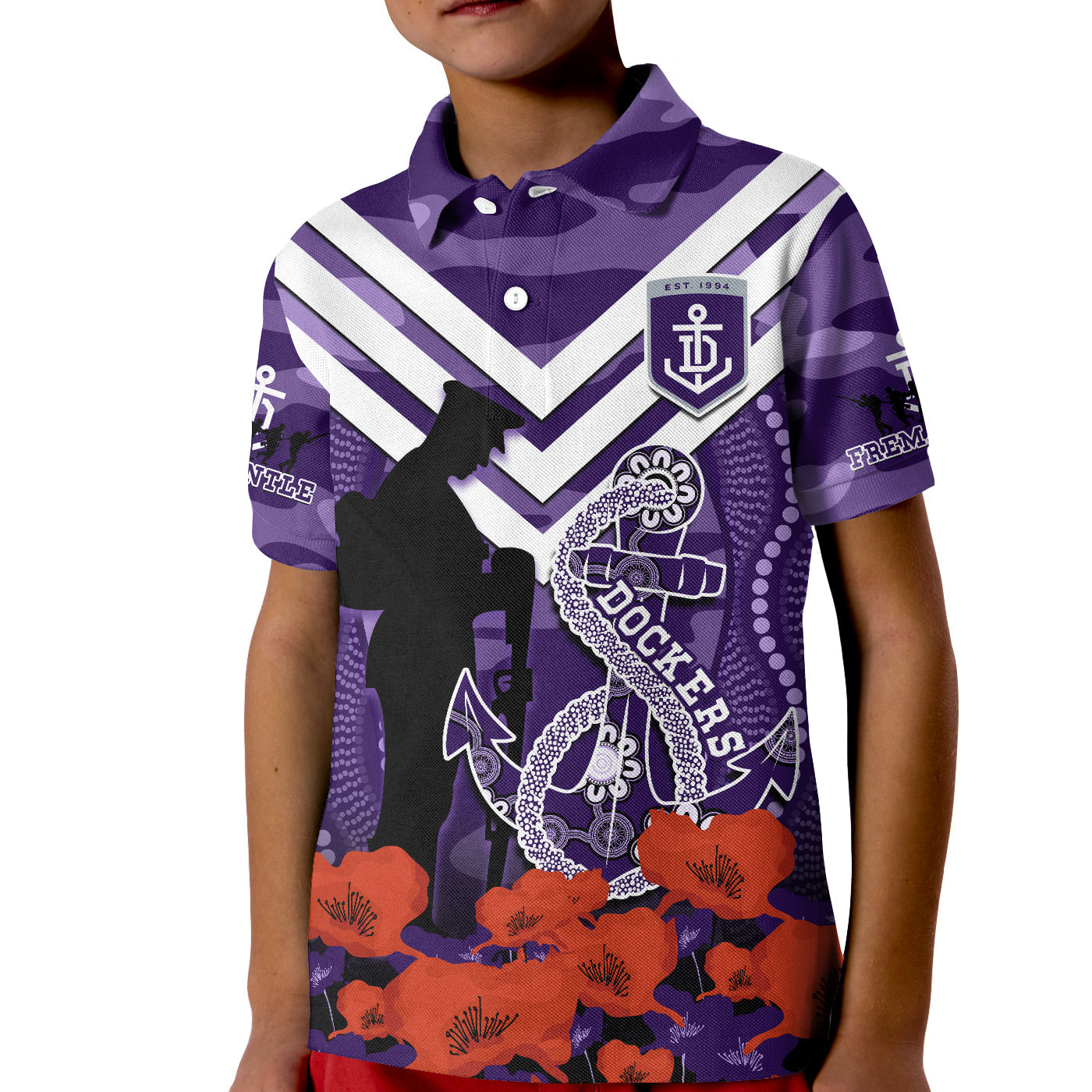 custom-text-and-number-dockers-football-anzac-2023-polo-shirt-kid-aboriginal-mix-poppy-camouflage