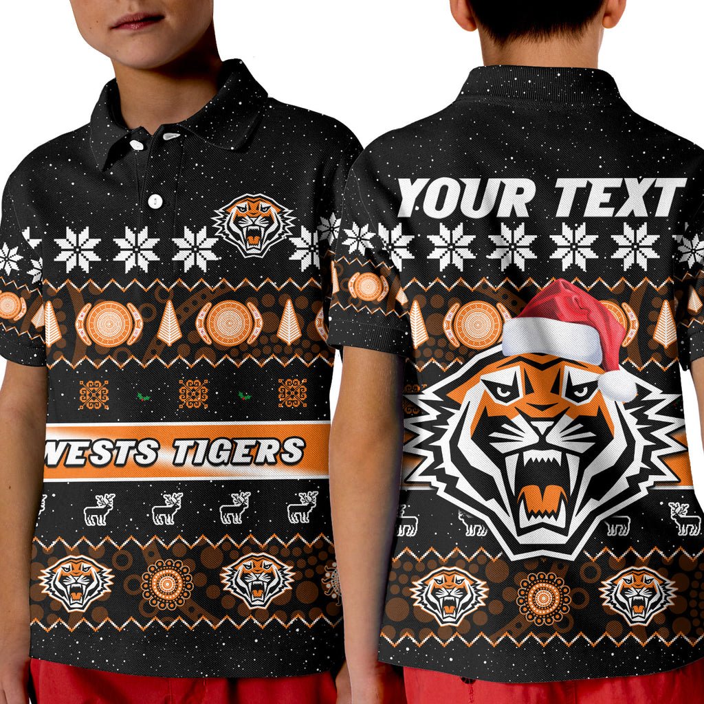 custom-personalised-wests-tigers-christmas-polo-shirt-aboriginal-art-merry-xmas