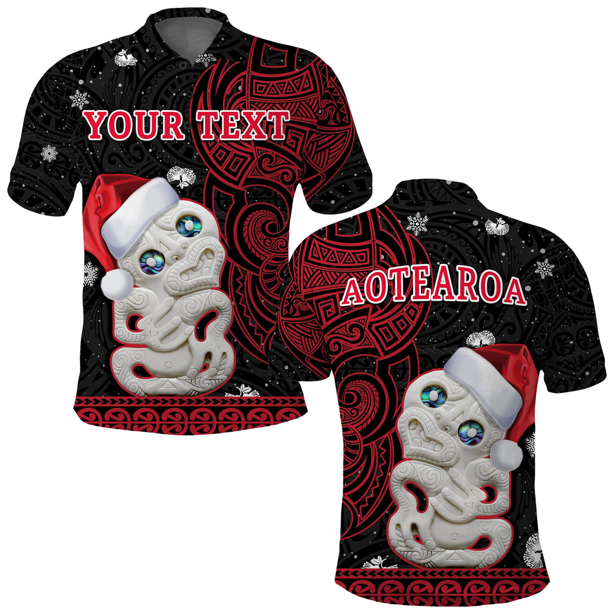 custom-personalised-new-zealand-christmas-polo-shirt-hei-tiki-red-pohutukawa-meri-kirihimete