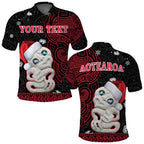 custom-personalised-new-zealand-christmas-polo-shirt-hei-tiki-red-pohutukawa-meri-kirihimete
