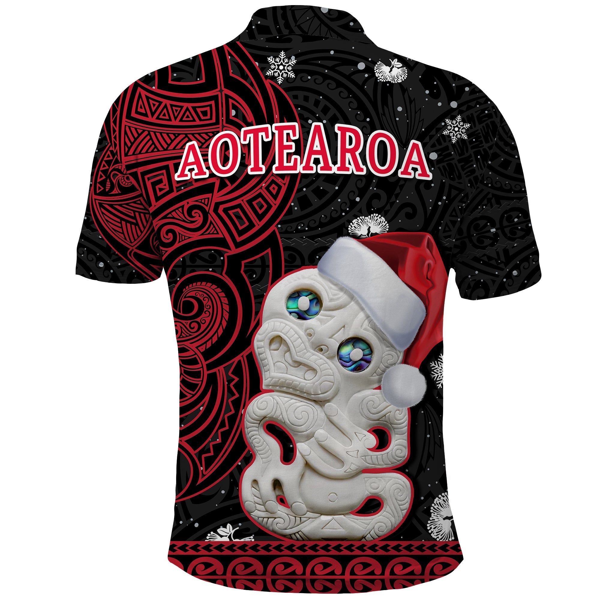 custom-personalised-new-zealand-christmas-polo-shirt-hei-tiki-red-pohutukawa-meri-kirihimete
