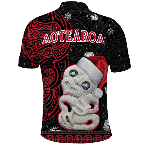 custom-personalised-new-zealand-christmas-polo-shirt-hei-tiki-red-pohutukawa-meri-kirihimete