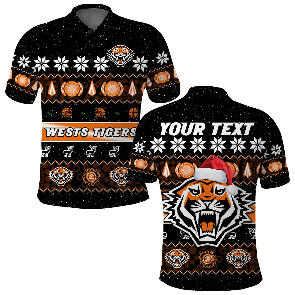custom-personalised-wests-tigers-christmas-polo-shirt-aboriginal-art-merry-xmas
