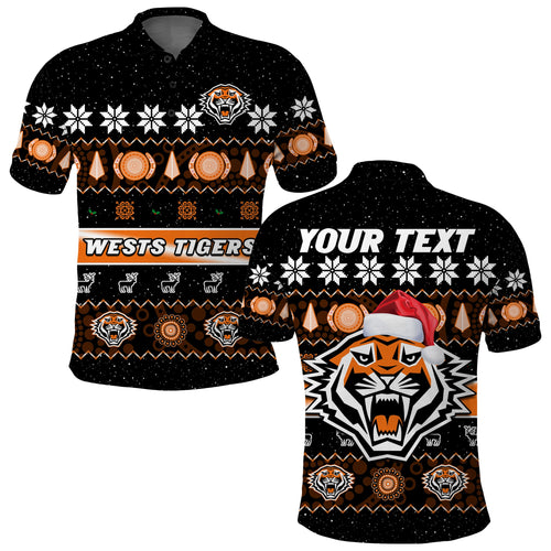 custom-personalised-wests-tigers-christmas-polo-shirt-aboriginal-art-merry-xmas