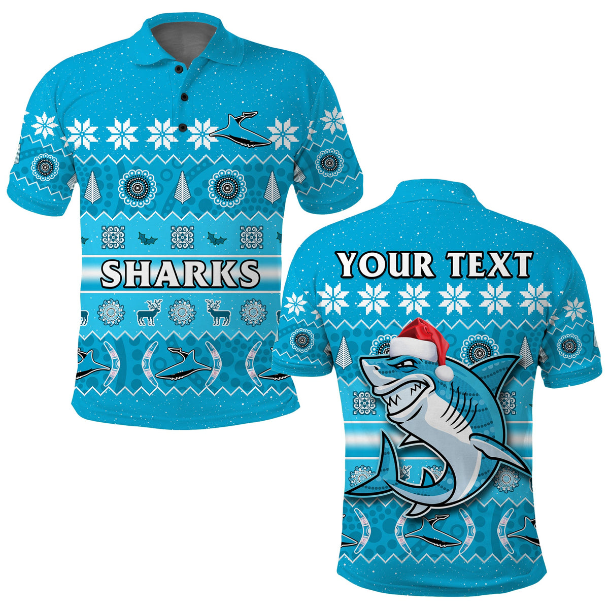 custom-personalised-sharks-christmas-polo-shirt-cronulla-sutherland-aboriginal-art-merry-xmas