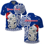 custom-personalised-new-zealand-christmas-polo-shirt-hei-tiki-blue-pohutukawa-meri-kirihimete