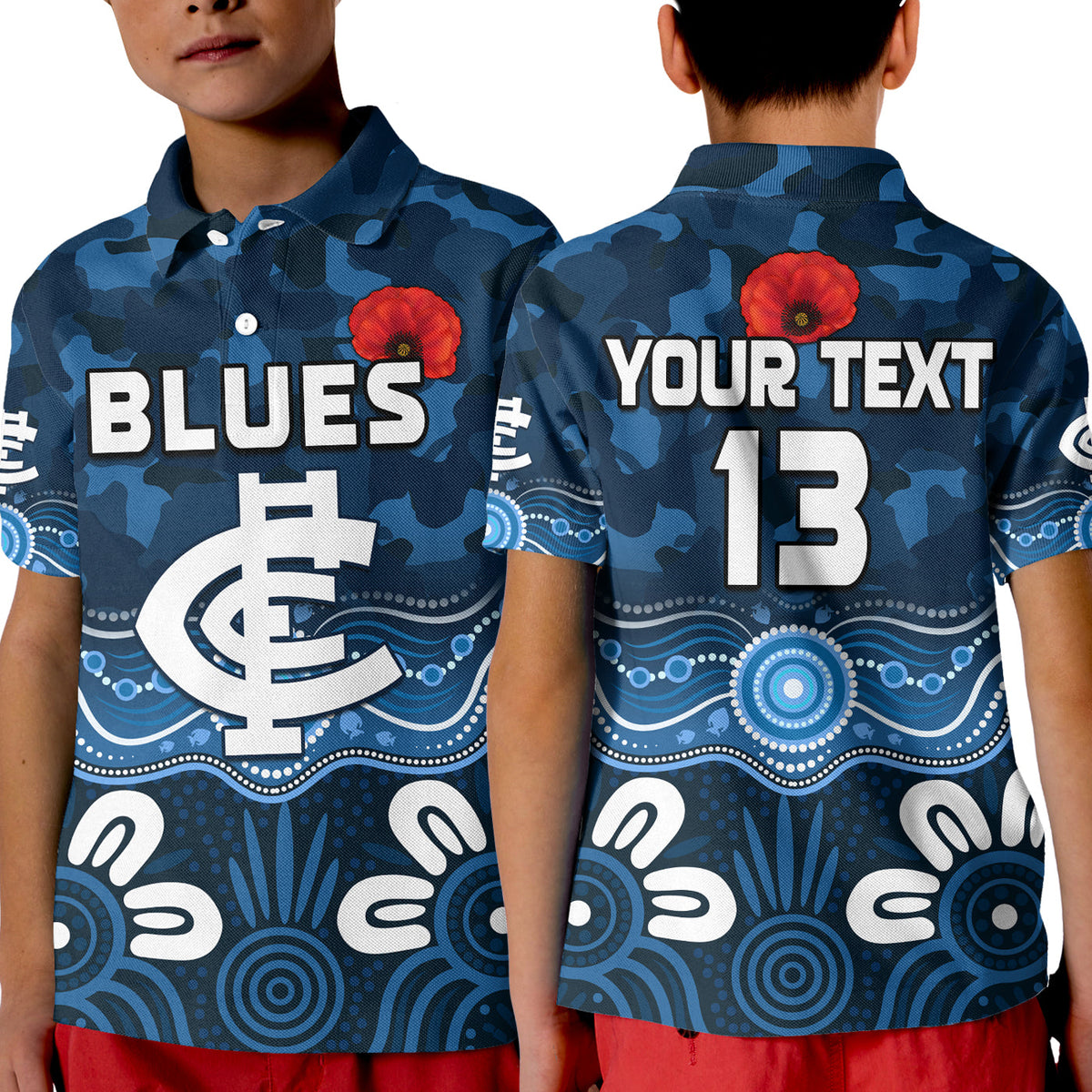 custom-text-and-number-blues-anzac-2022-polo-shirt-kid-carlton-football-aboriginal-poppy