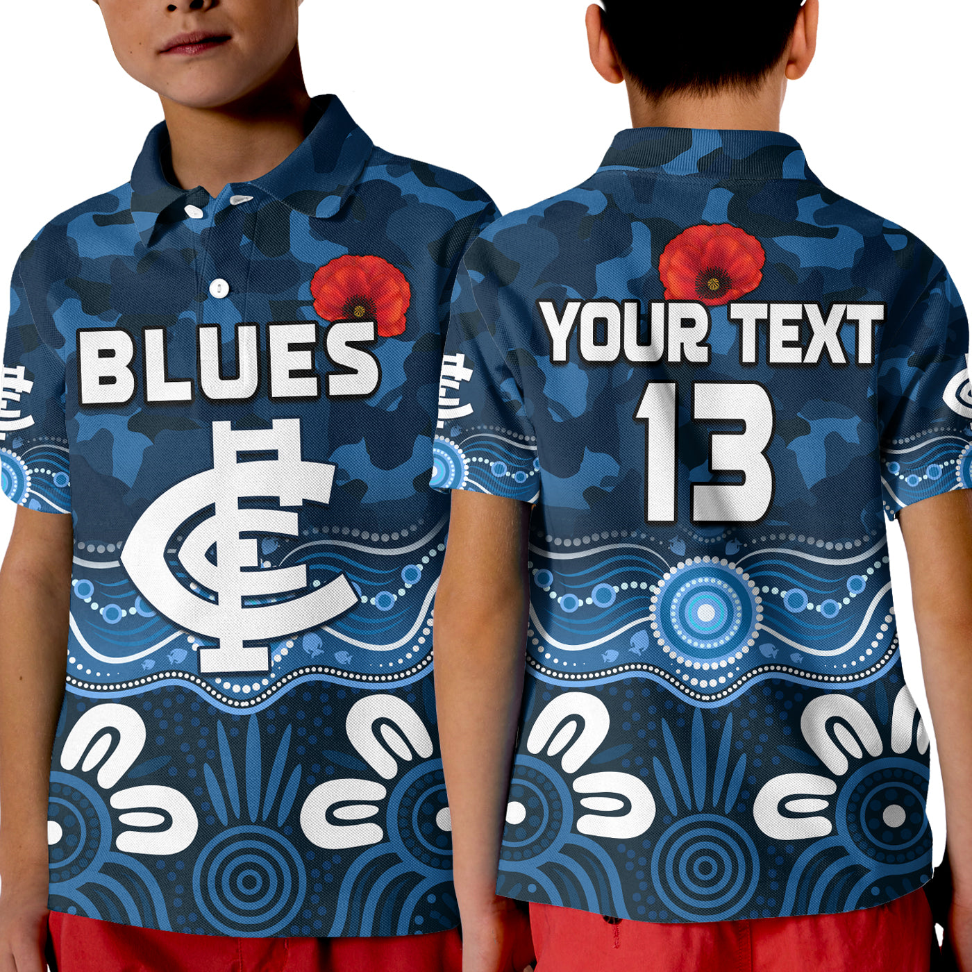 custom-text-and-number-blues-anzac-2022-polo-shirt-kid-carlton-football-aboriginal-poppy
