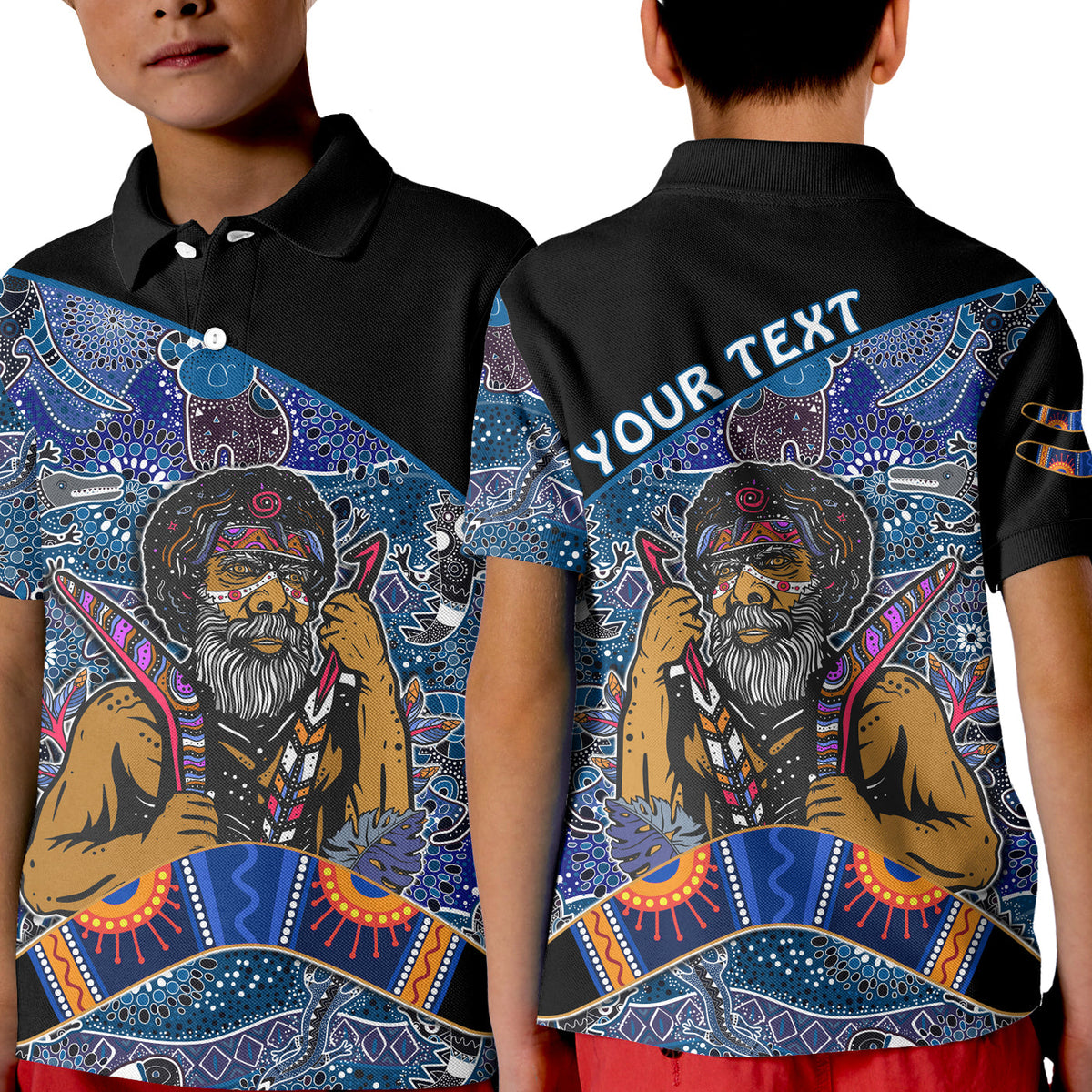 custom-personalised-australian-boomerang-polo-shirt-kid-indigenous-australia-blue-graceful