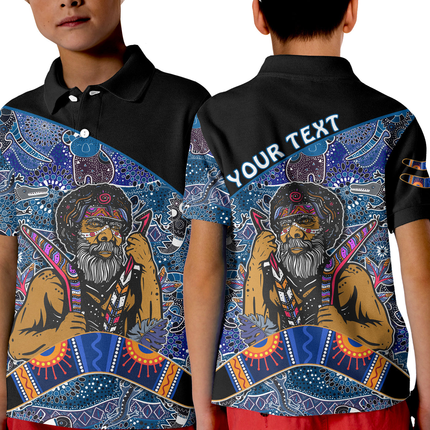 custom-personalised-australian-boomerang-polo-shirt-kid-indigenous-australia-blue-graceful