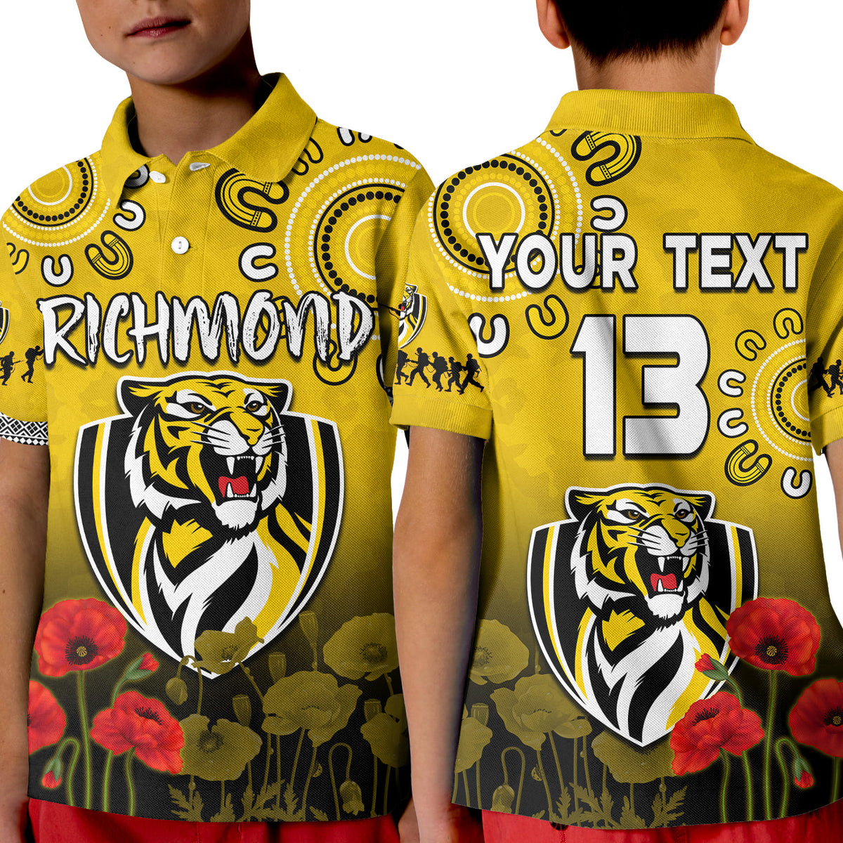 custom-text-and-number-richmond-anzac-2022-polo-shirt-kid-tigers-aboriginal-poppy