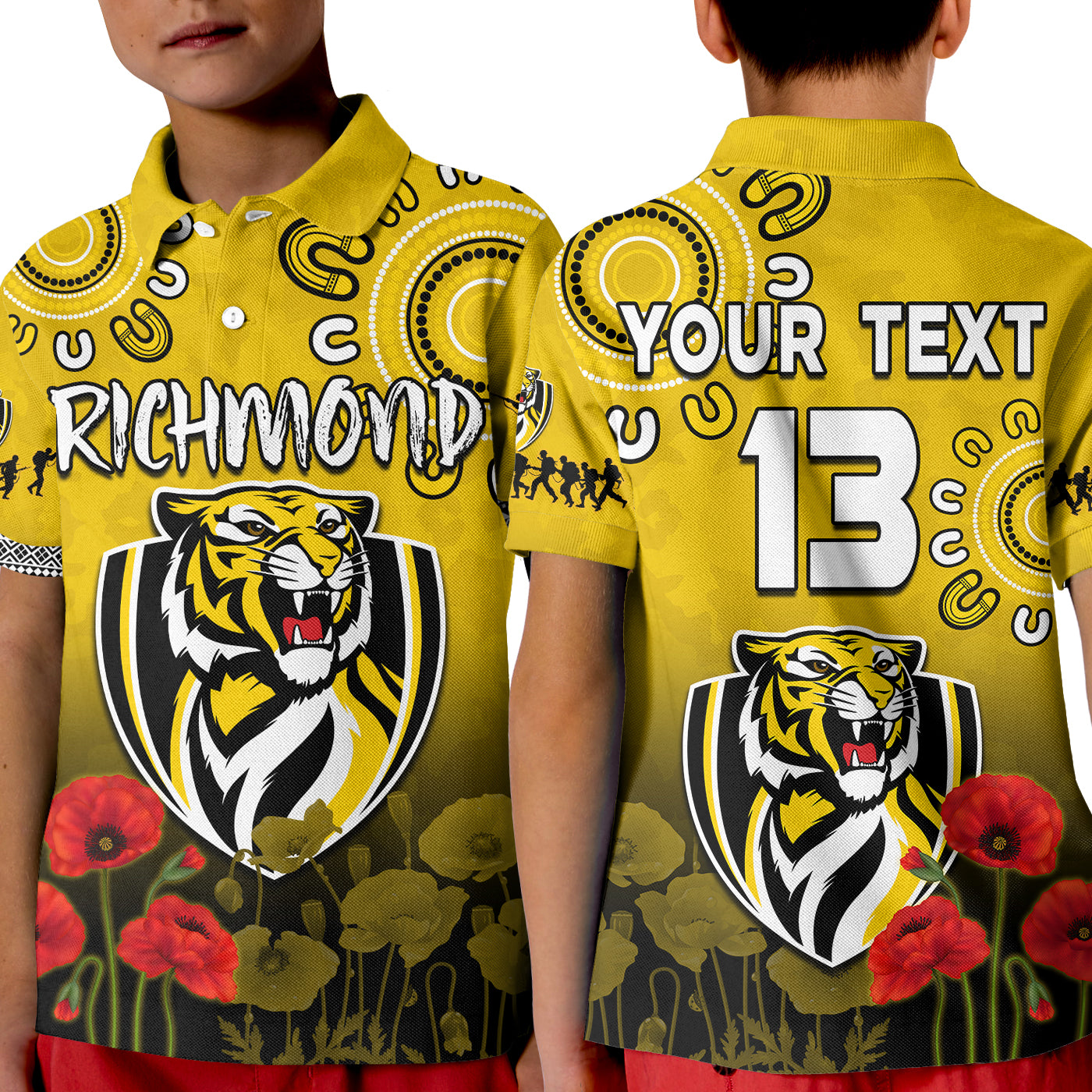 custom-text-and-number-richmond-anzac-2022-polo-shirt-kid-tigers-aboriginal-poppy