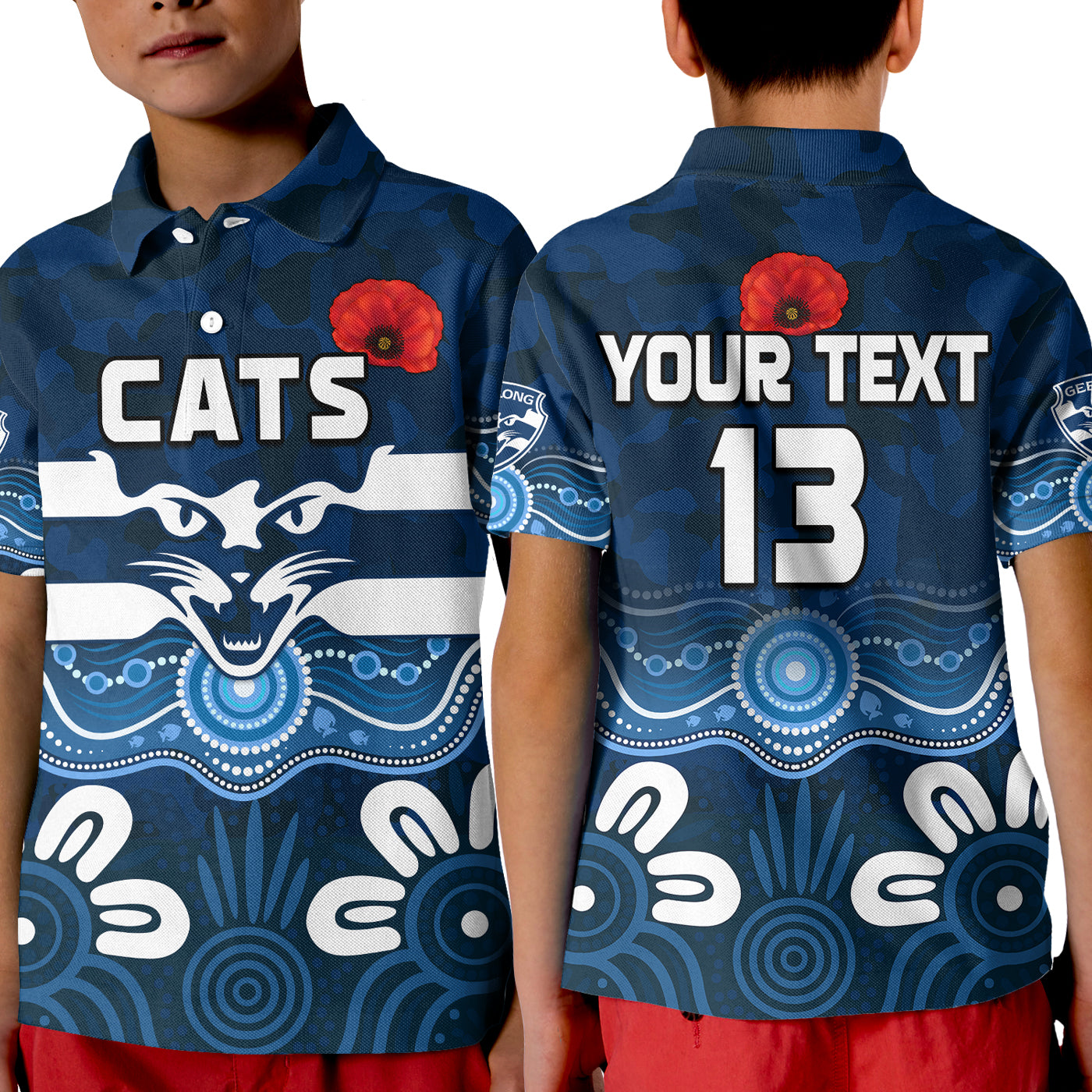 custom-text-and-number-cats-anzac-2022-polo-shirt-kid-geelong-football-aboriginal-poppy