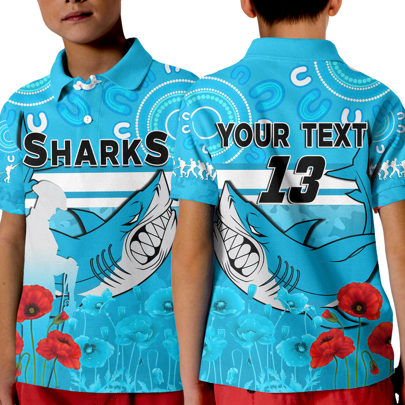 custom-text-and-number-sharks-anzac-2022-polo-shirt-kid-cronulla-sutherland-lest-we-forget