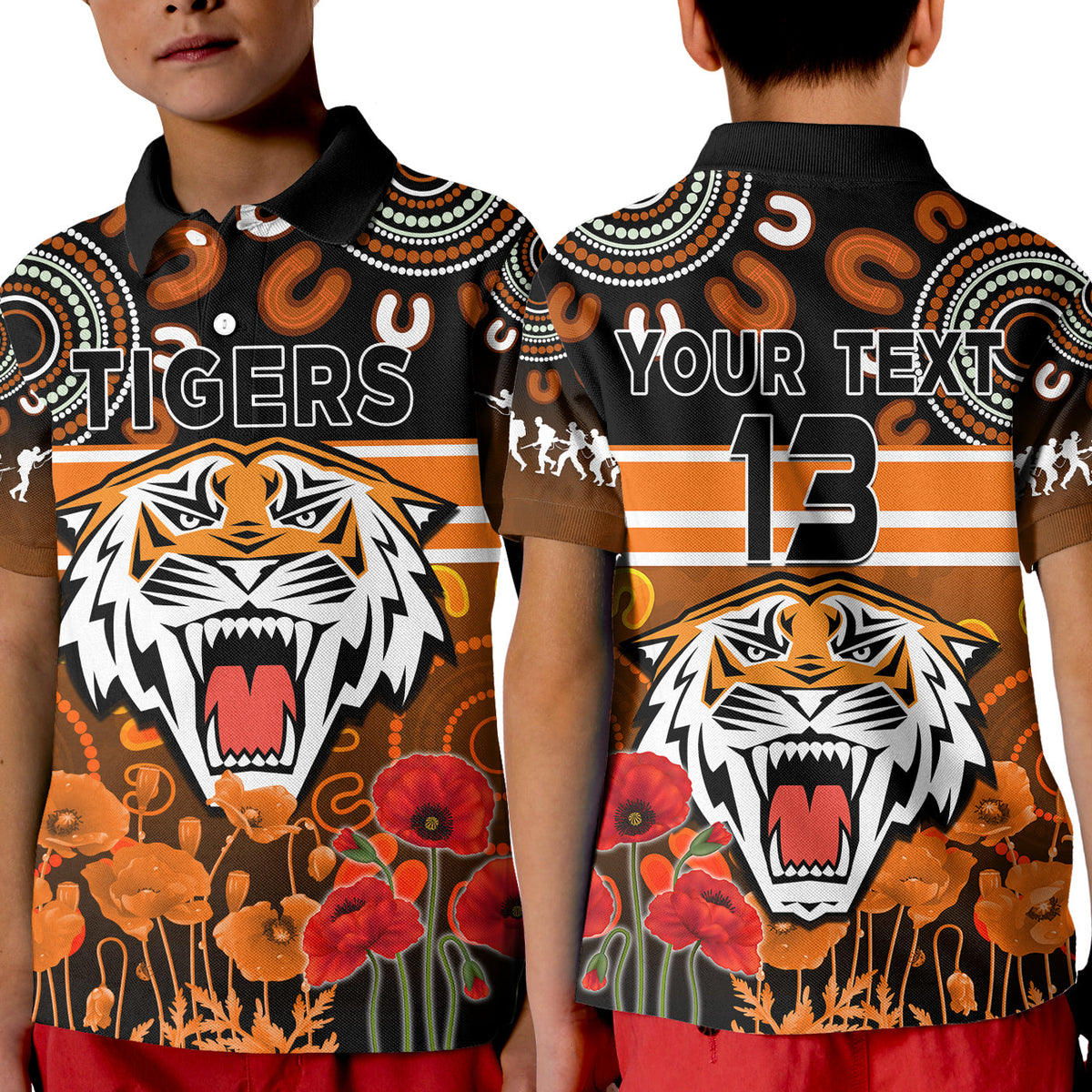 custom-text-and-number-wests-tigers-anzac-2022-polo-shirt-kid-aboriginal-lest-we-forget