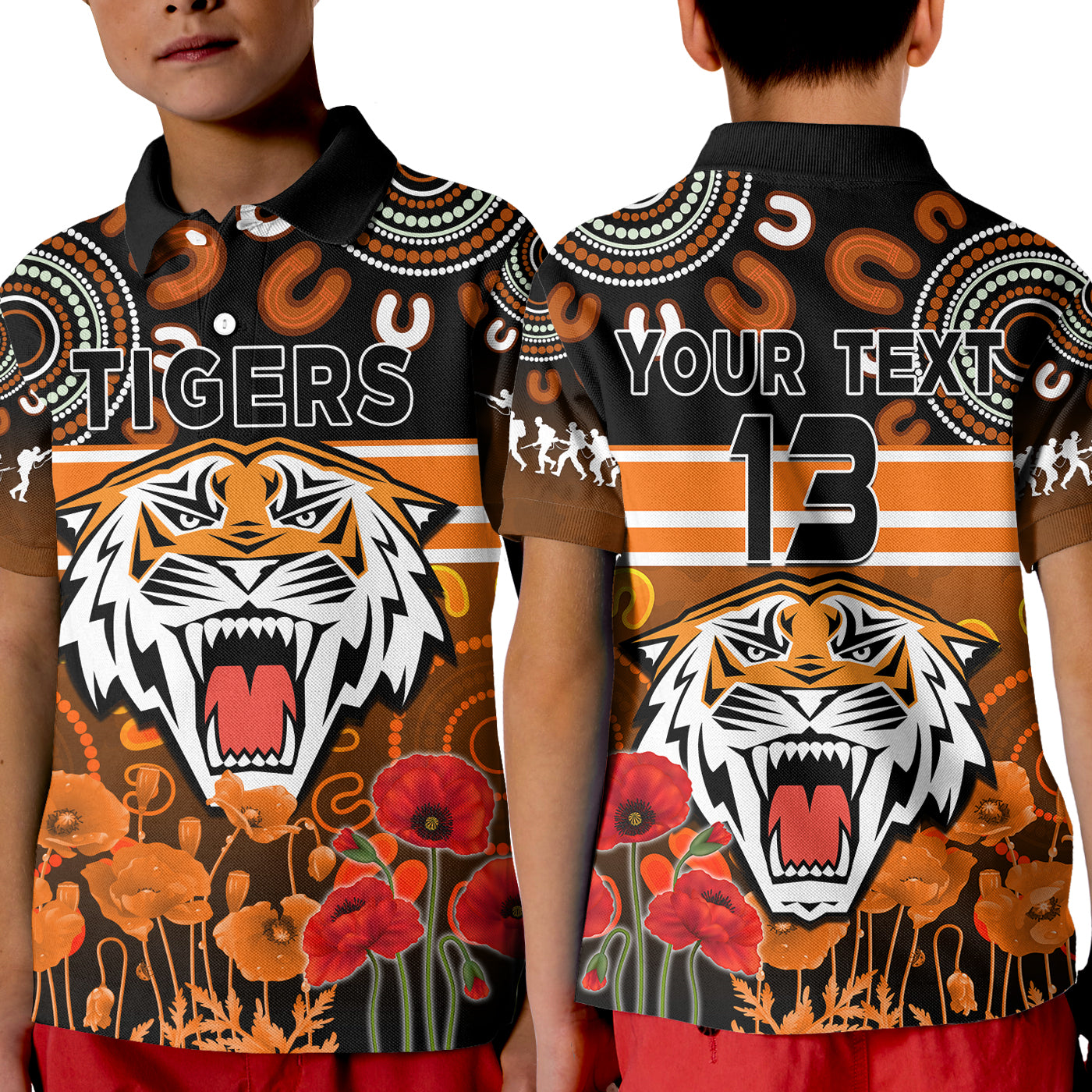 custom-text-and-number-wests-tigers-anzac-2022-polo-shirt-kid-aboriginal-lest-we-forget