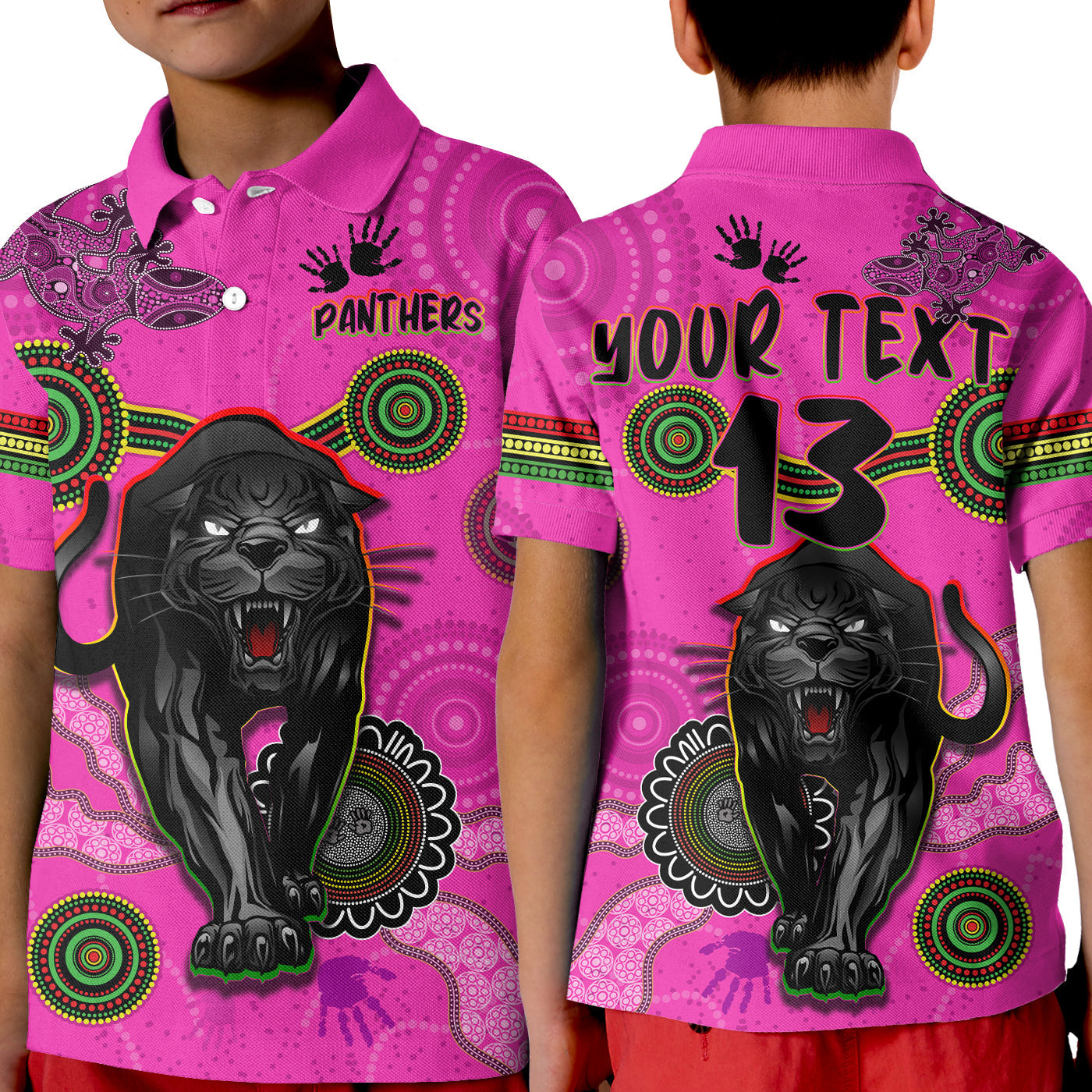 custom-text-and-number-panthers-polo-shirt-kid-aboriginal-with-lizard