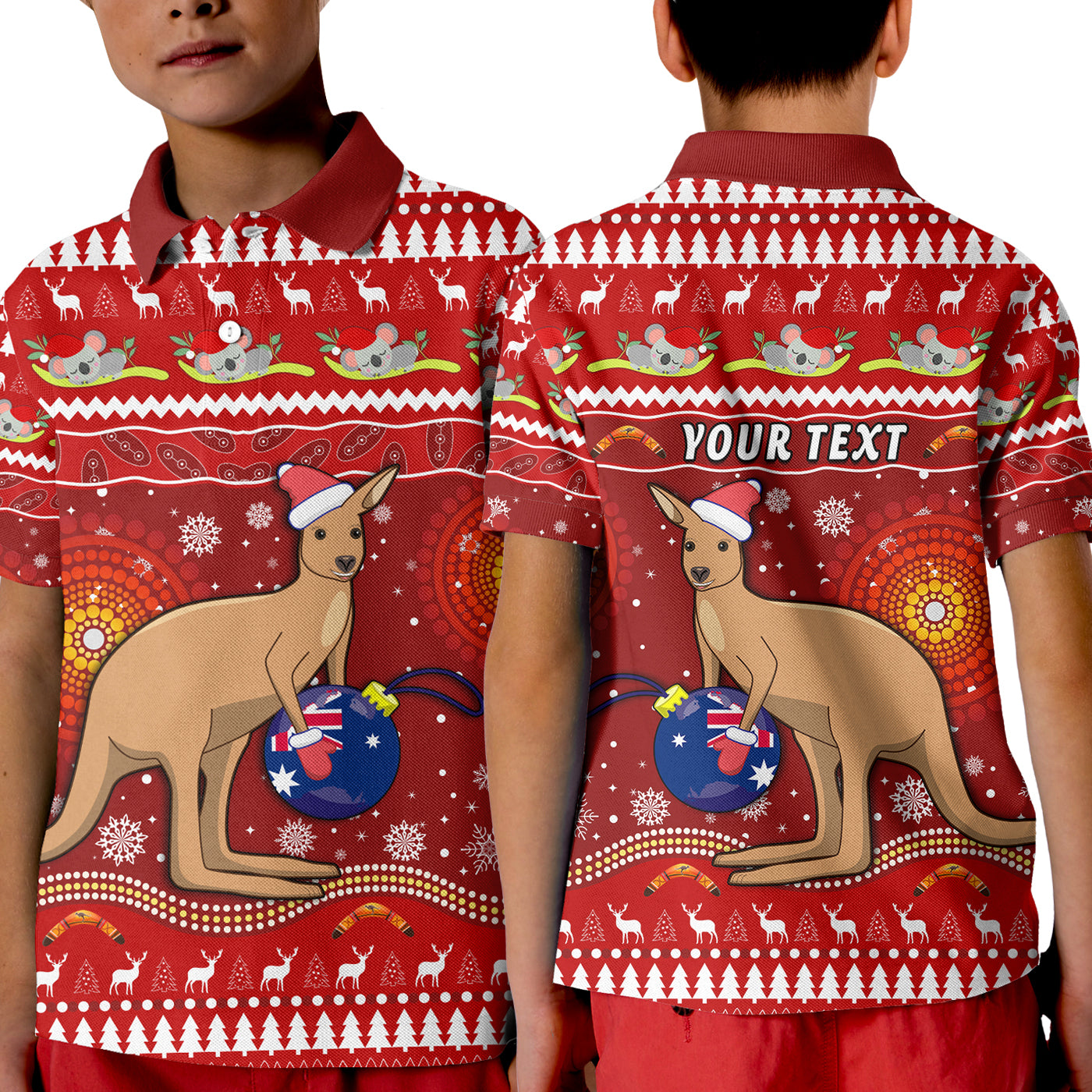 custom-personalised-australia-christmas-polo-shirt-kid-aboriginal-kangaroo