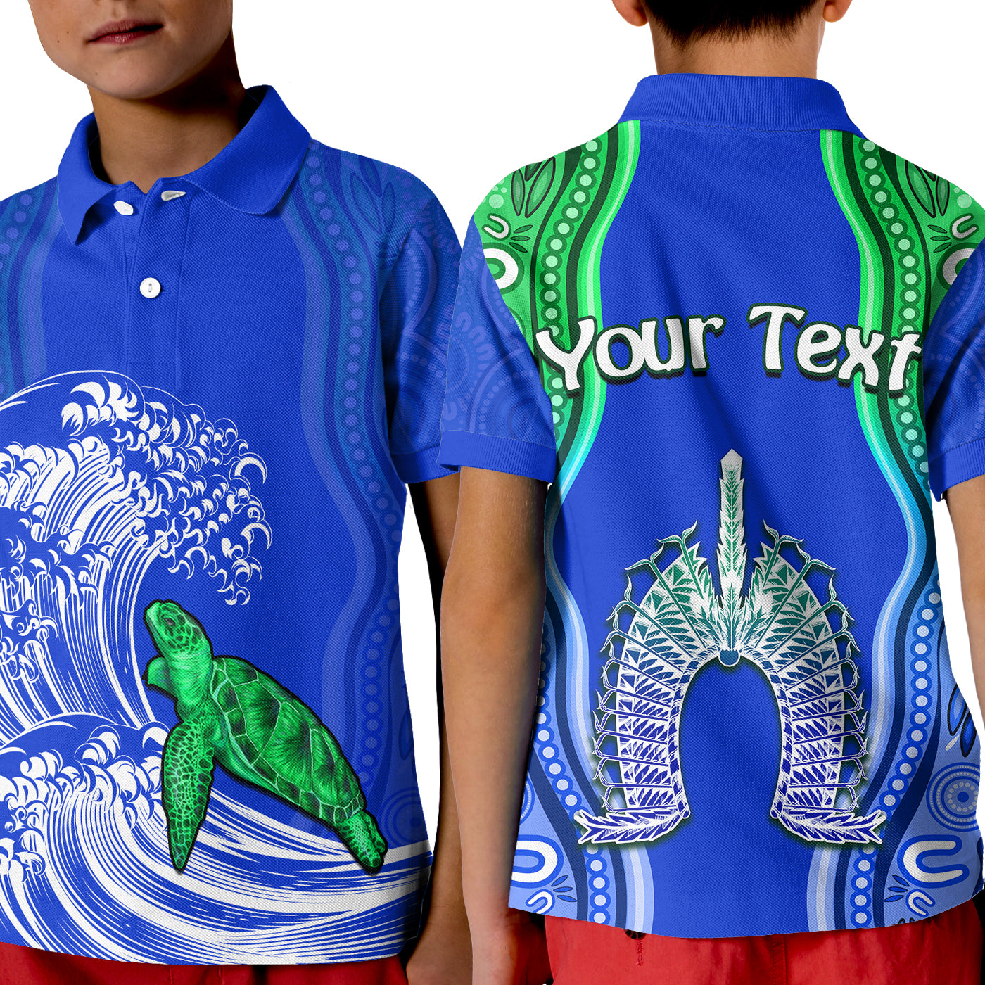 custom-personalised-torres-strait-islands-polo-shirt-kid-the-dhari-mix-aboriginal-turtle-version-blue