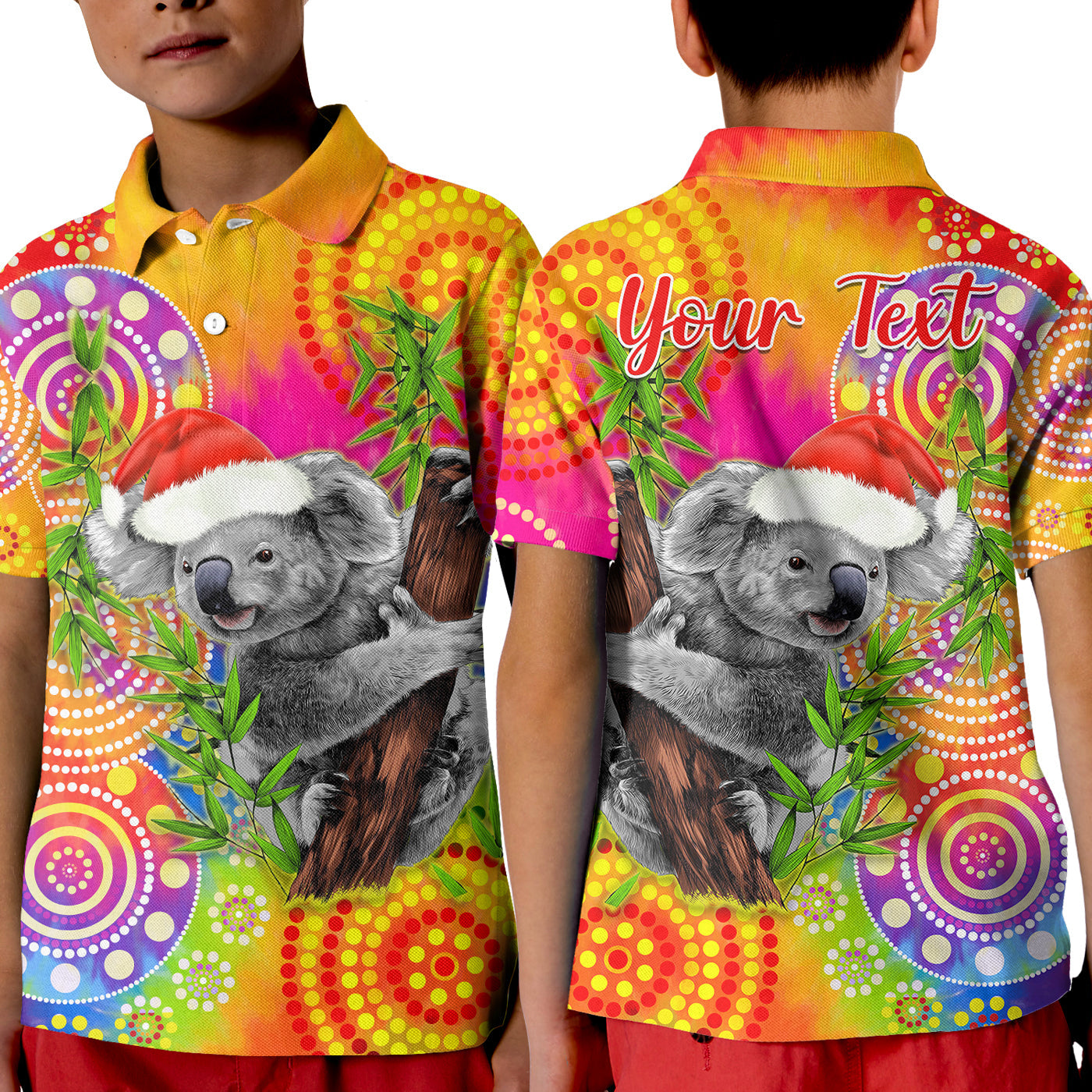 custom-personalised-australia-koala-aboriginal-polo-shirt-kid-rainbow-tie-dye-merry-christmas