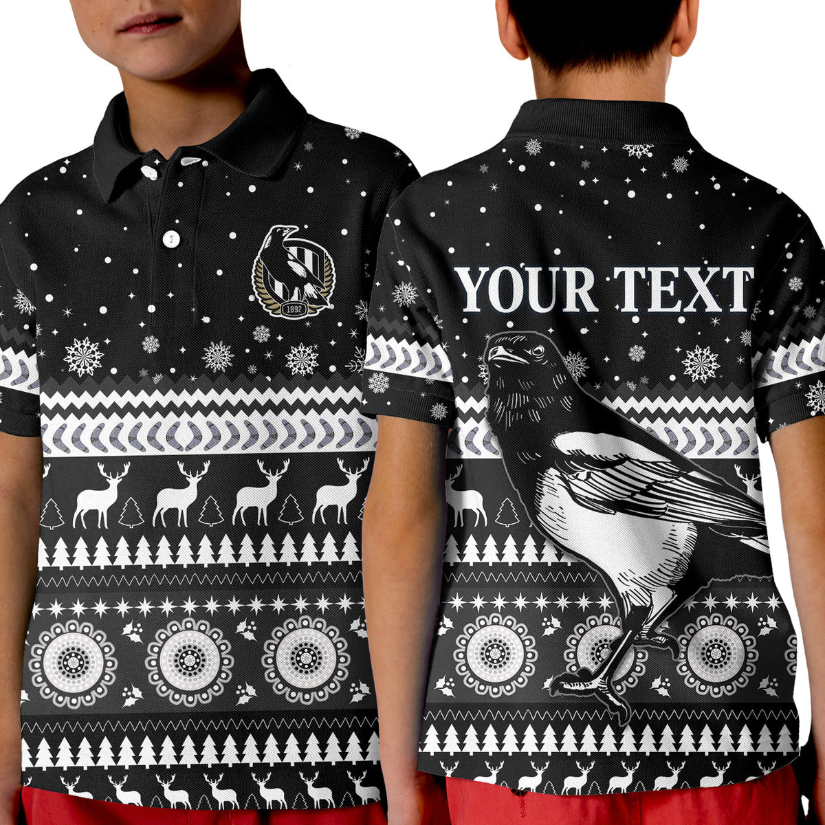 custom-personalised-magpies-christmas-polo-shirt-kid-indigenous-collingwood-football