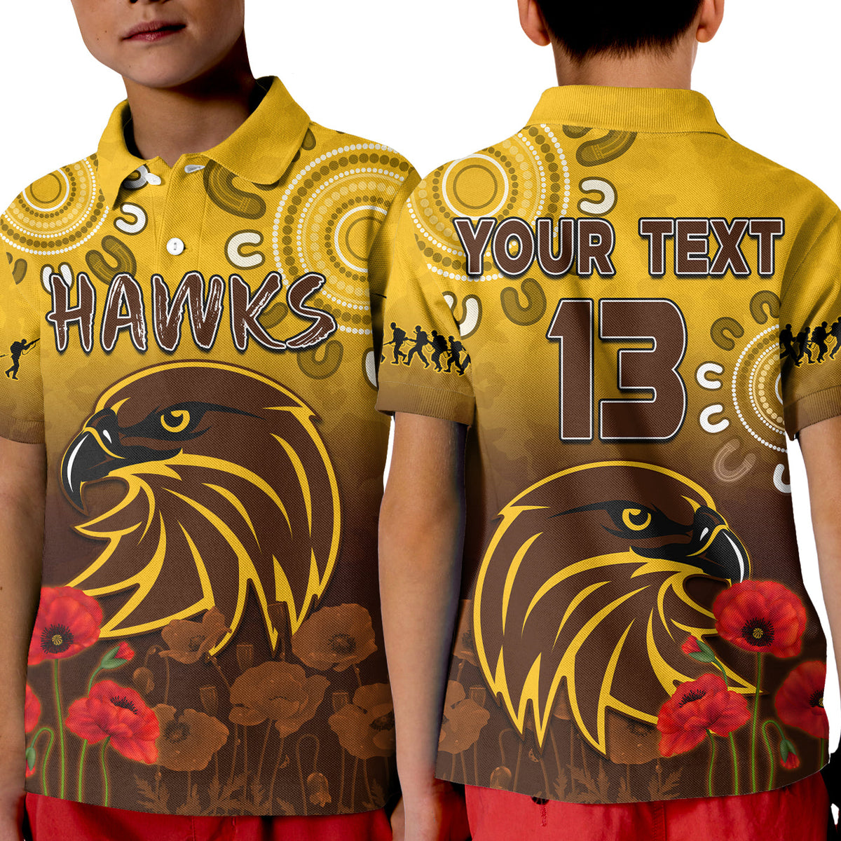 custom-text-and-number-hawks-anzac-2022-polo-shirt-kid-hawthorn-football-aboriginal-poppy
