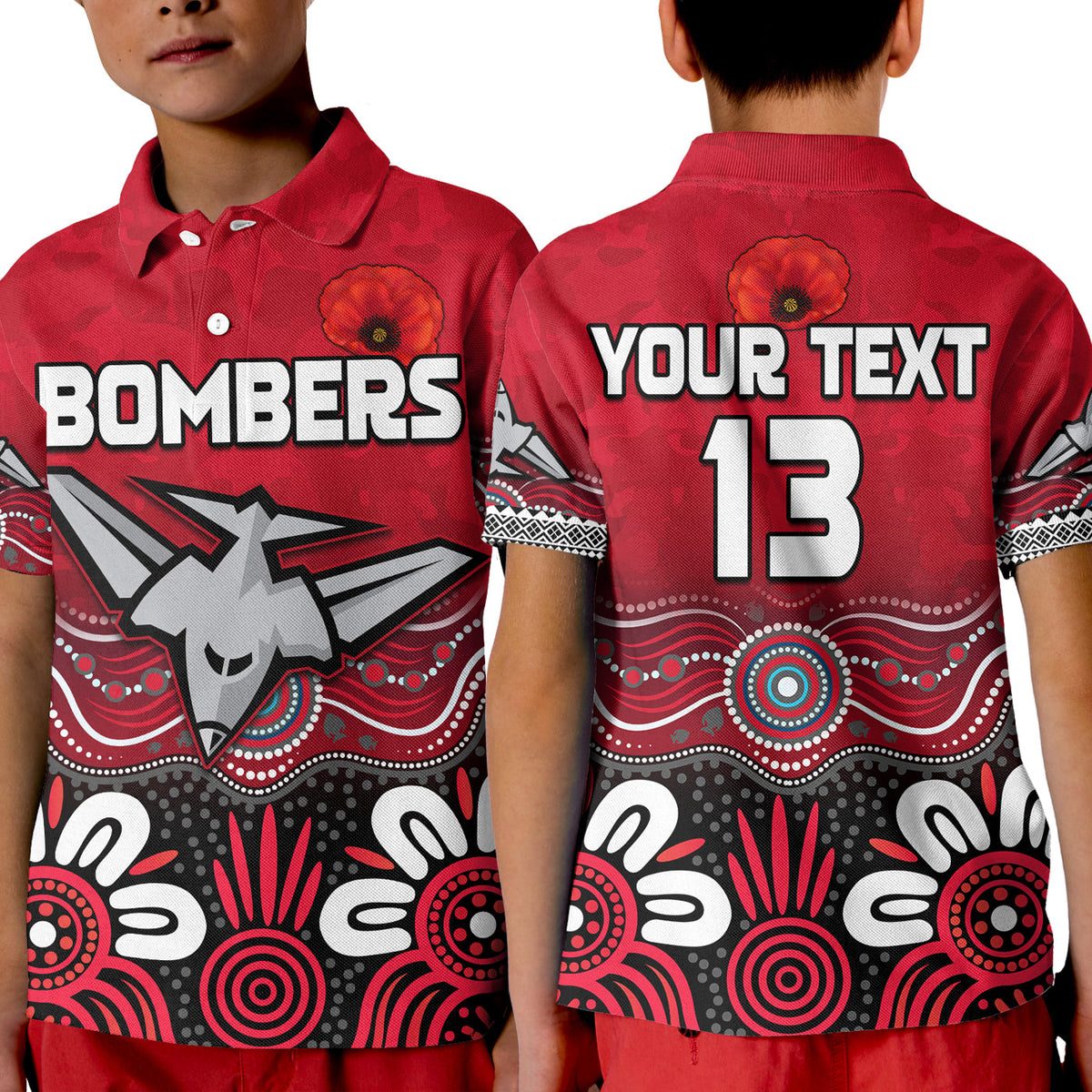 custom-text-and-number-bombers-anzac-2022-polo-shirt-kid-essendon-football-aboriginal-remember-them