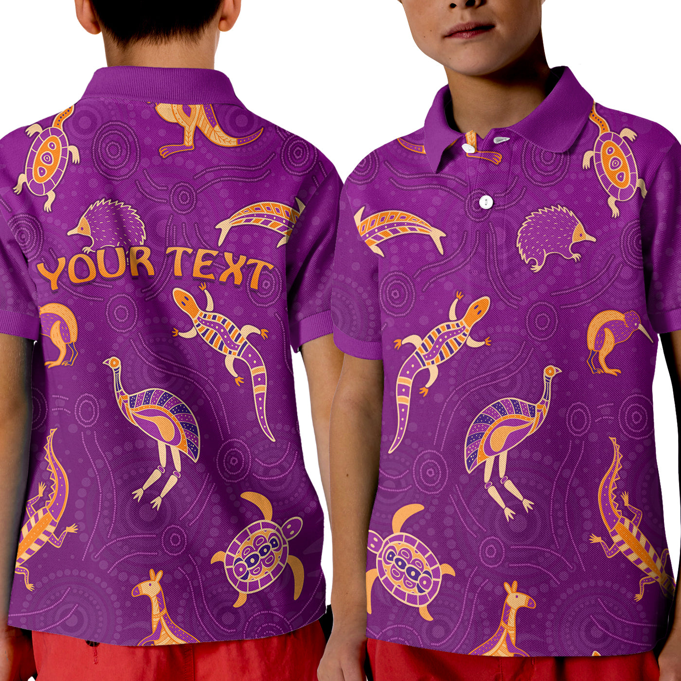 custom-personalised-aboriginal-art-polo-shirt-kid-animals-australia-version-purple