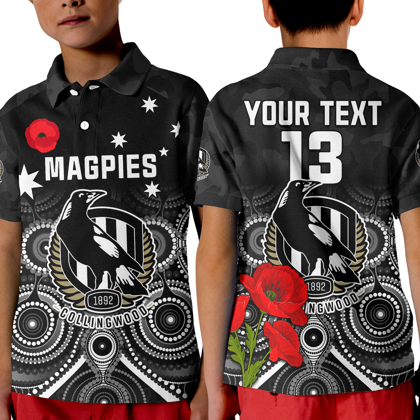 custom-text-and-number-magpies-football-anzac-day-polo-shirt-kid-aboriginal-poppy-flowers
