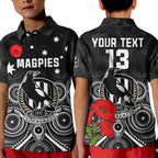 custom-text-and-number-magpies-football-anzac-day-polo-shirt-kid-aboriginal-poppy-flowers