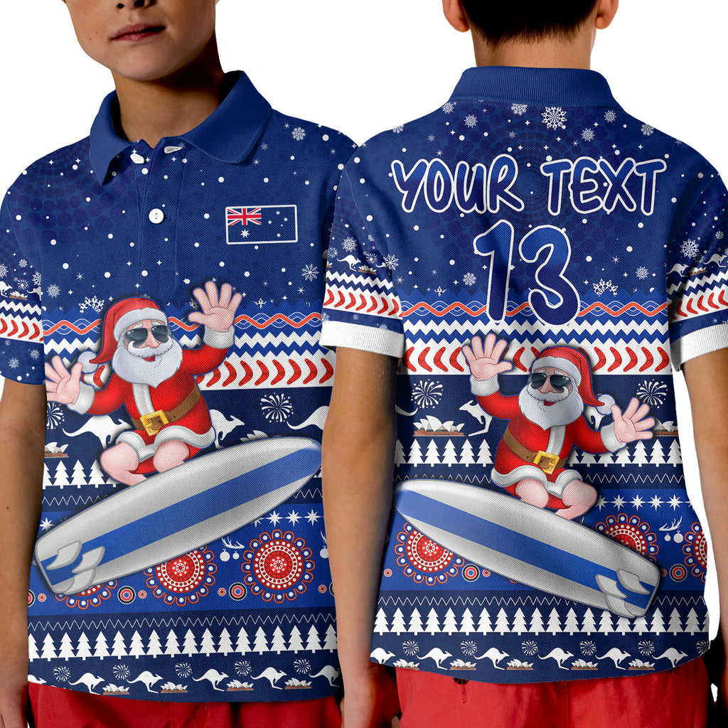 custom-text-and-number-australia-christmas-polo-shirt-kid-aussie-aboriginal-santa-claus-is-surfing-with-kangaroo