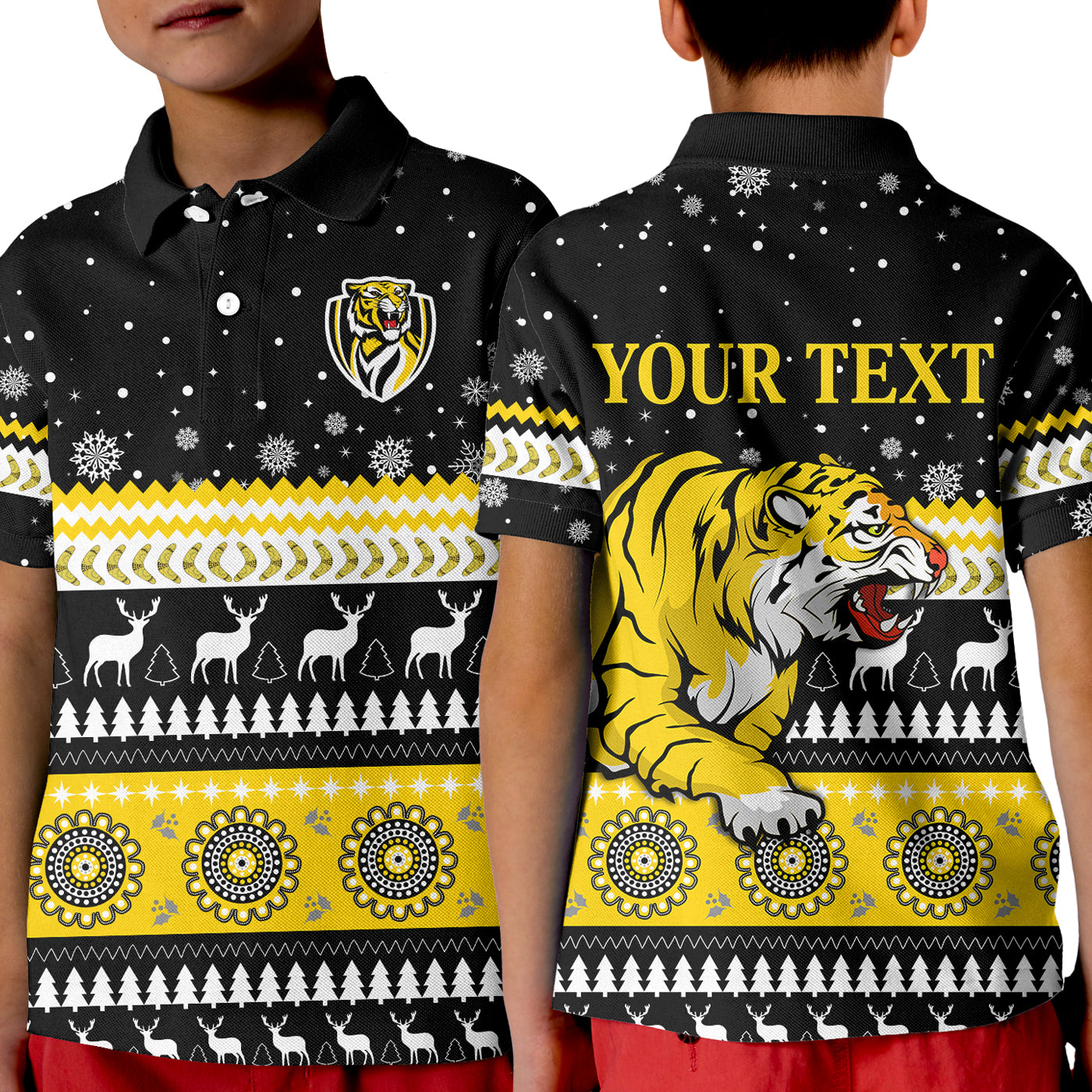 custom-personalised-tigers-christmas-polo-shirt-kid-indigenous-richmond-football