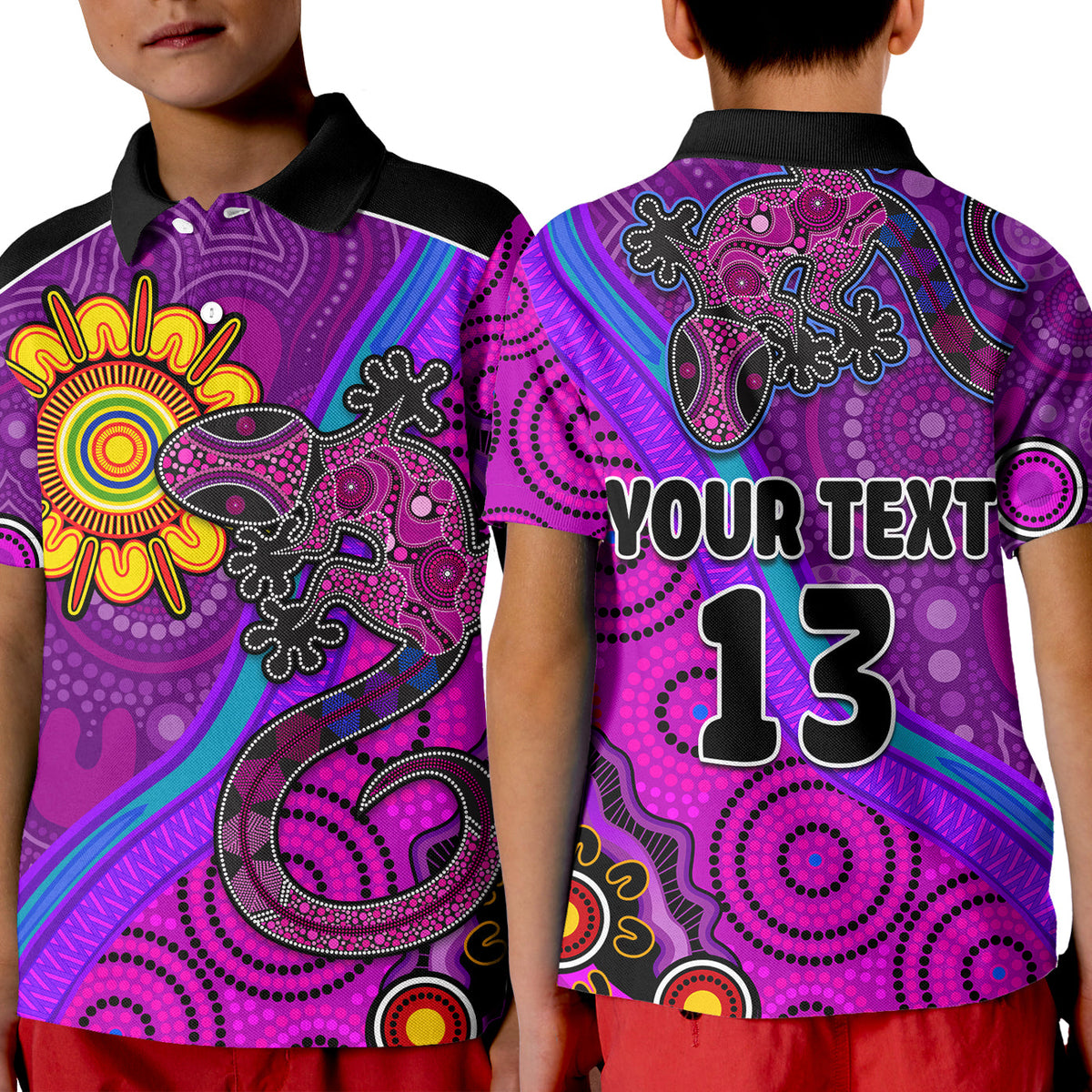 custom-text-and-number-australia-lizard-and-sun-polo-shirt-kid-aboriginal-art-purple