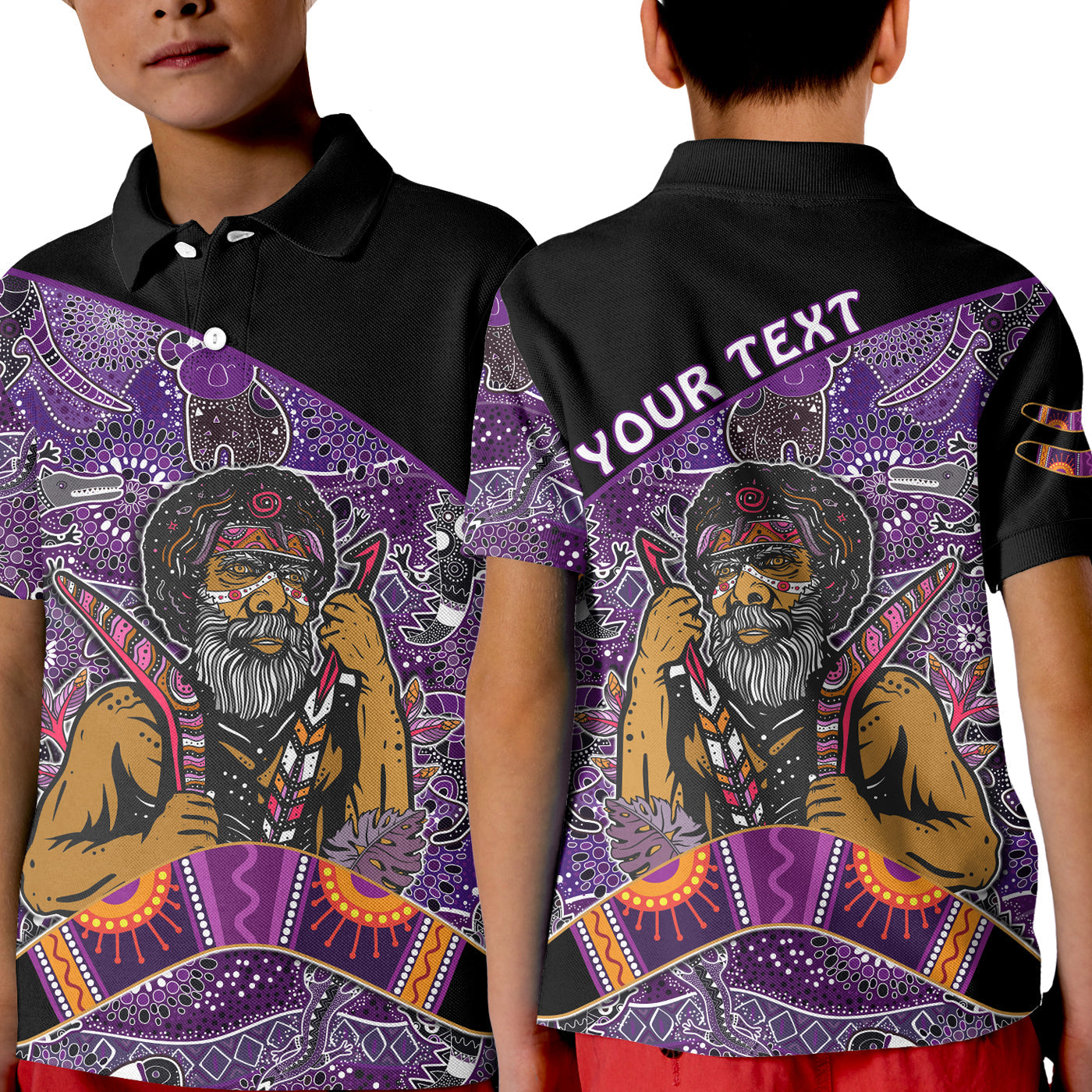 custom-personalised-australian-boomerang-polo-shirt-kid-indigenous-australia-purple-graceful