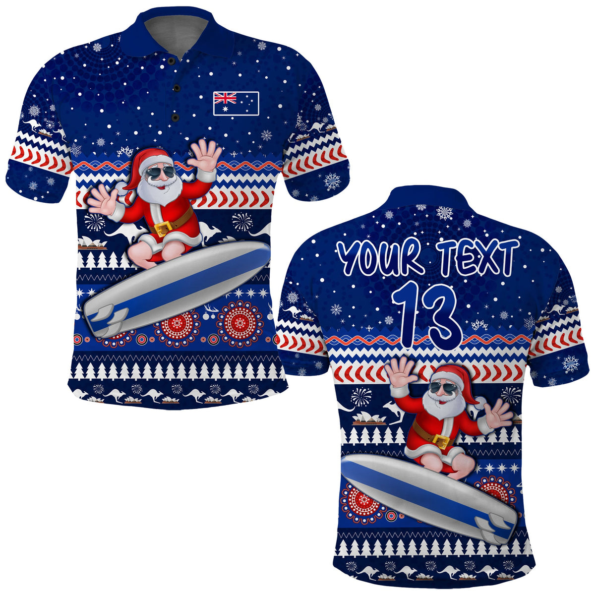 custom-text-and-number-australia-christmas-polo-shirt-aussie-aboriginal-santa-claus-is-surfing-with-kangaroo