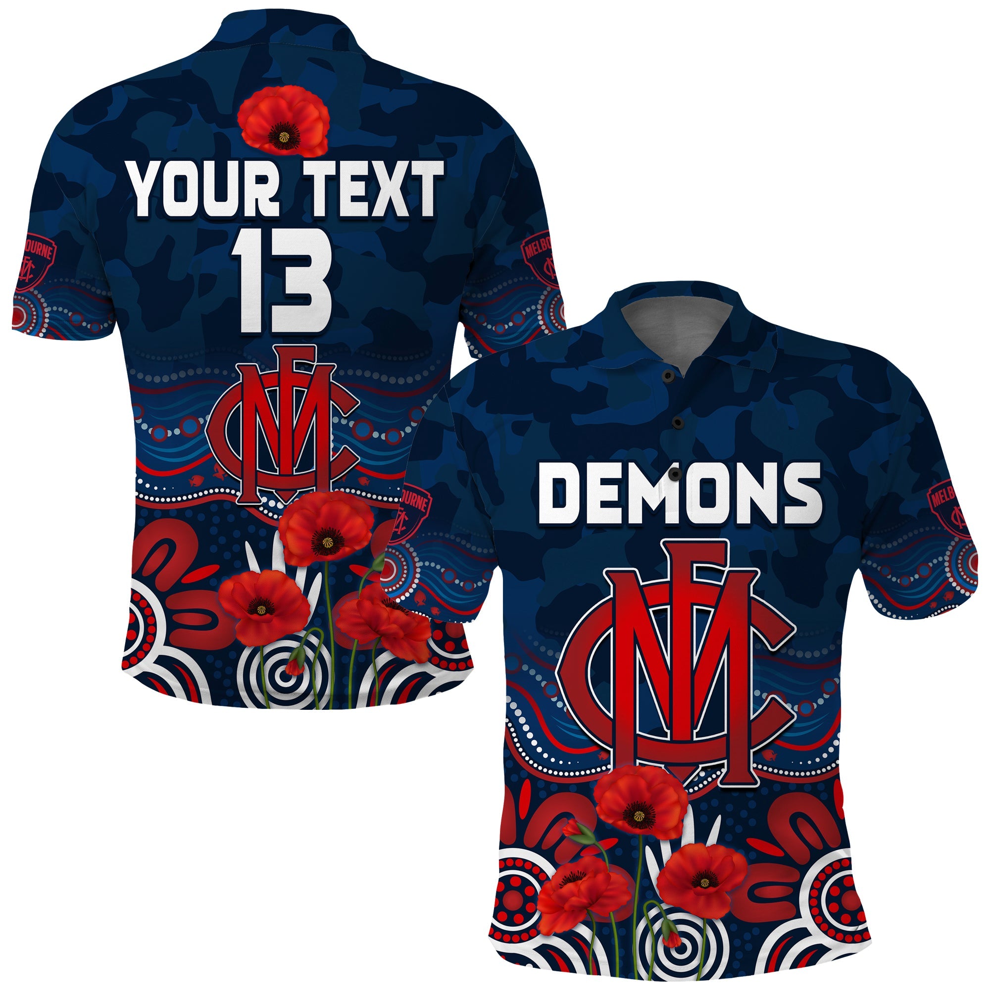 custom-text-and-number-demons-anzac-2022-polo-shirt-melbourne-football-aboriginal-poppy