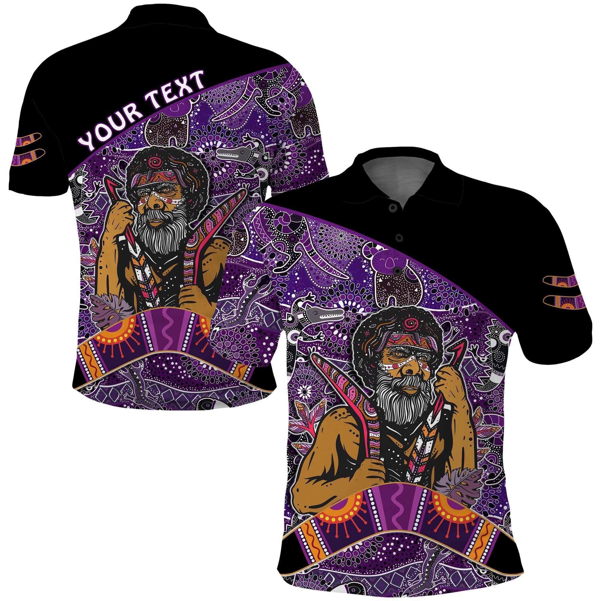 custom-personalised-australian-boomerang-polo-shirt-indigenous-australia-purple-graceful