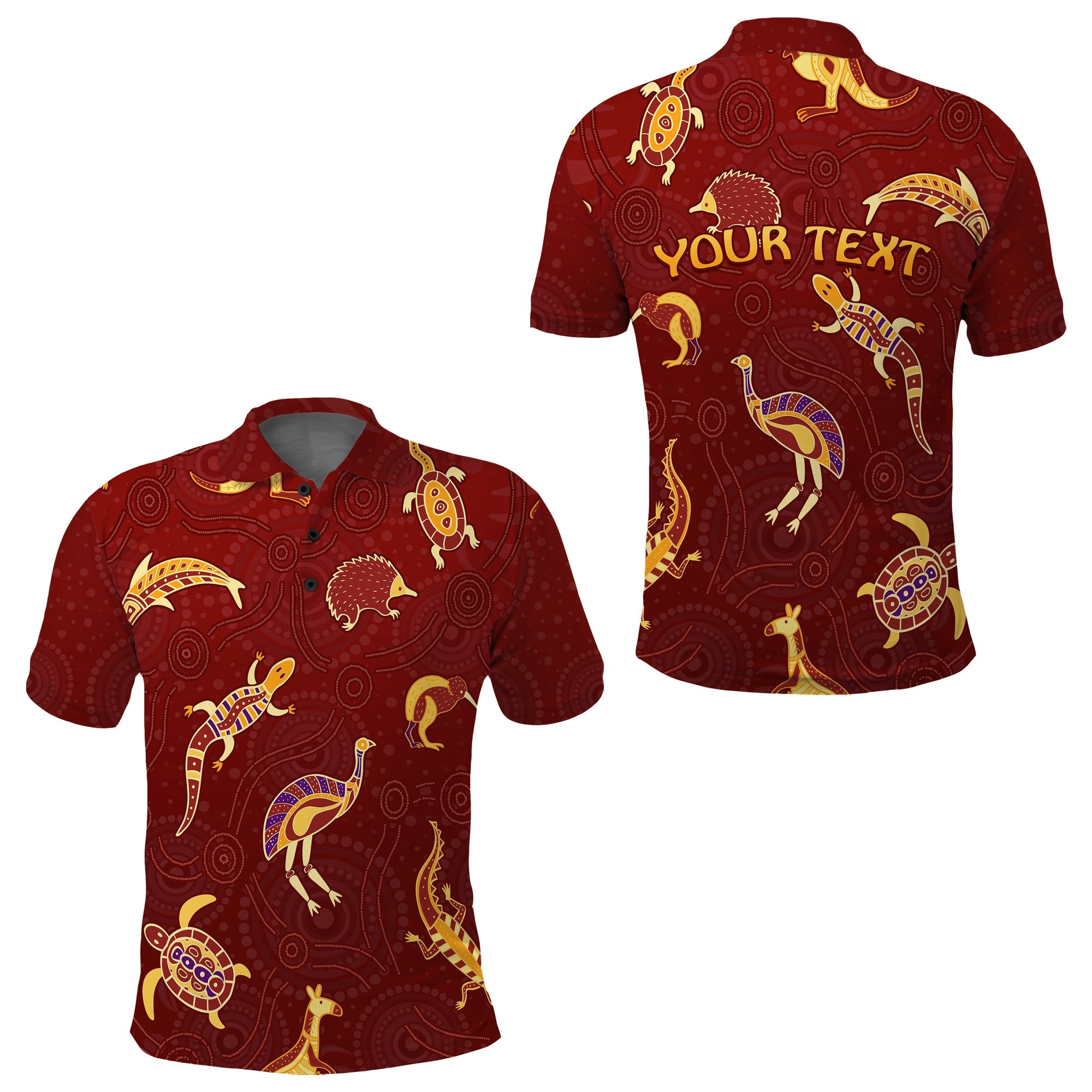 custom-personalised-aboriginal-art-polo-shirt-animals-australia-version-maroon