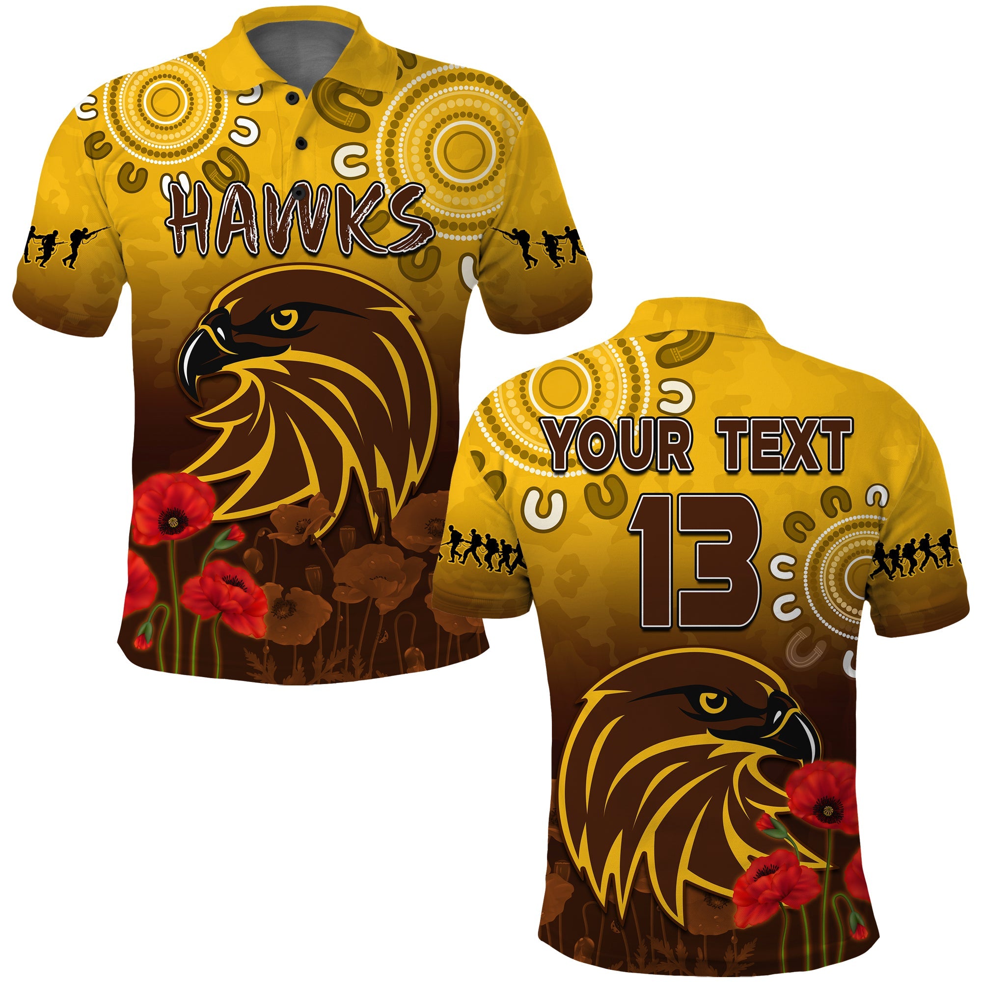 custom-text-and-number-hawks-anzac-2022-polo-shirt-hawthorn-football-aboriginal-poppy