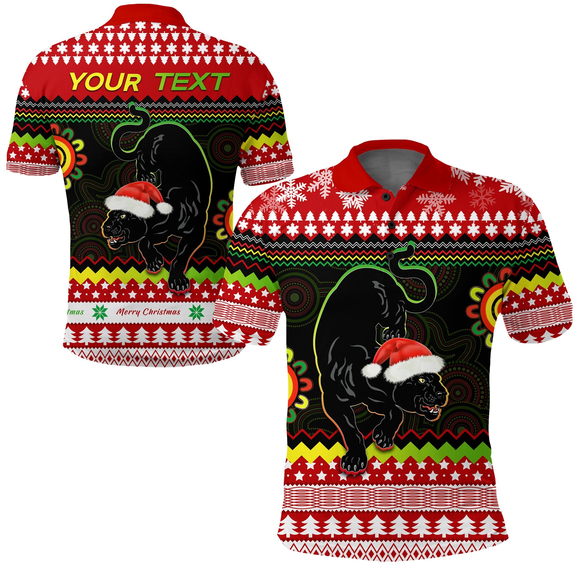 custom-personalised-panthers-christmas-polo-shirt-penrith-snow-mix-indigenous
