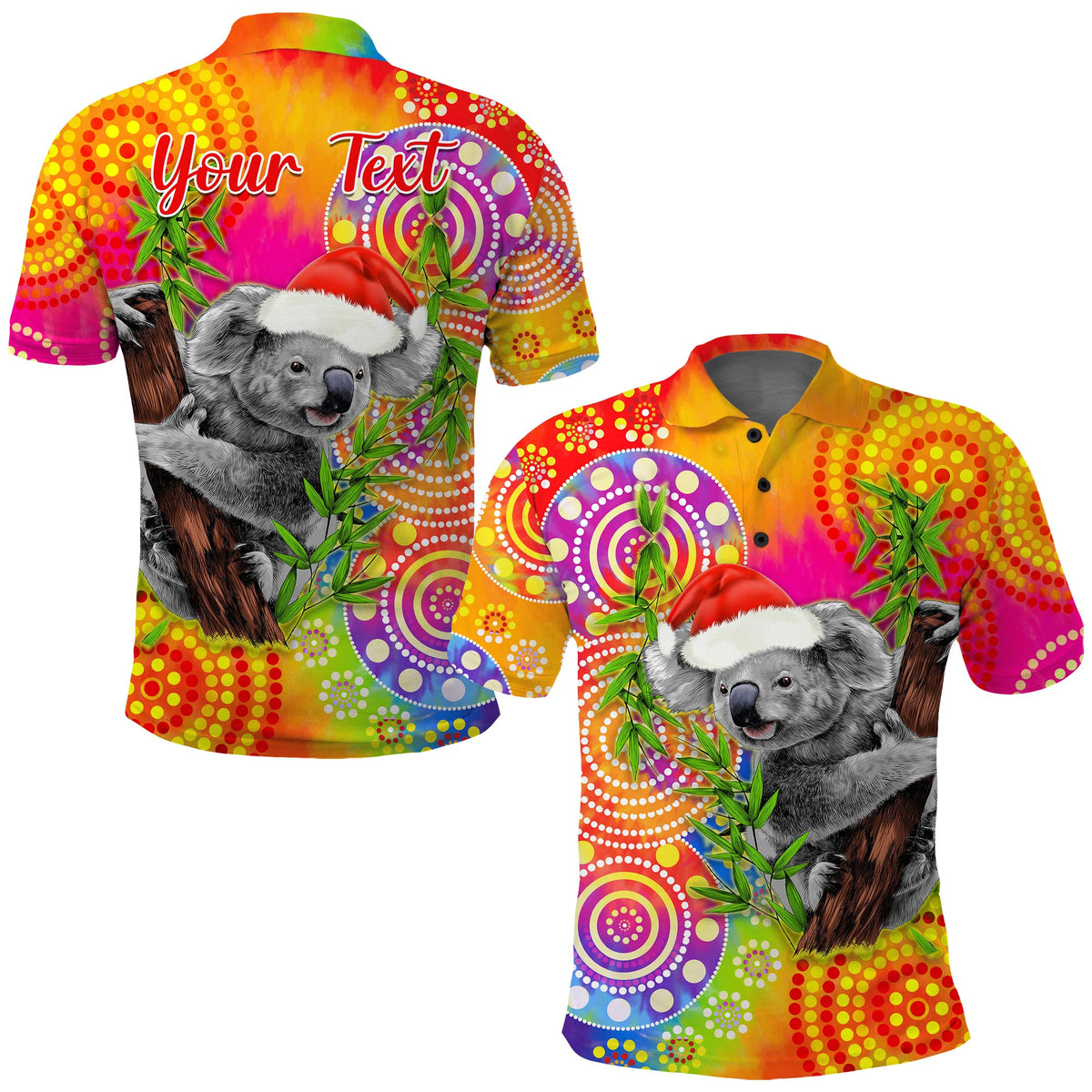 custom-personalised-australia-koala-aboriginal-polo-shirt-rainbow-tie-dye-merry-christmas