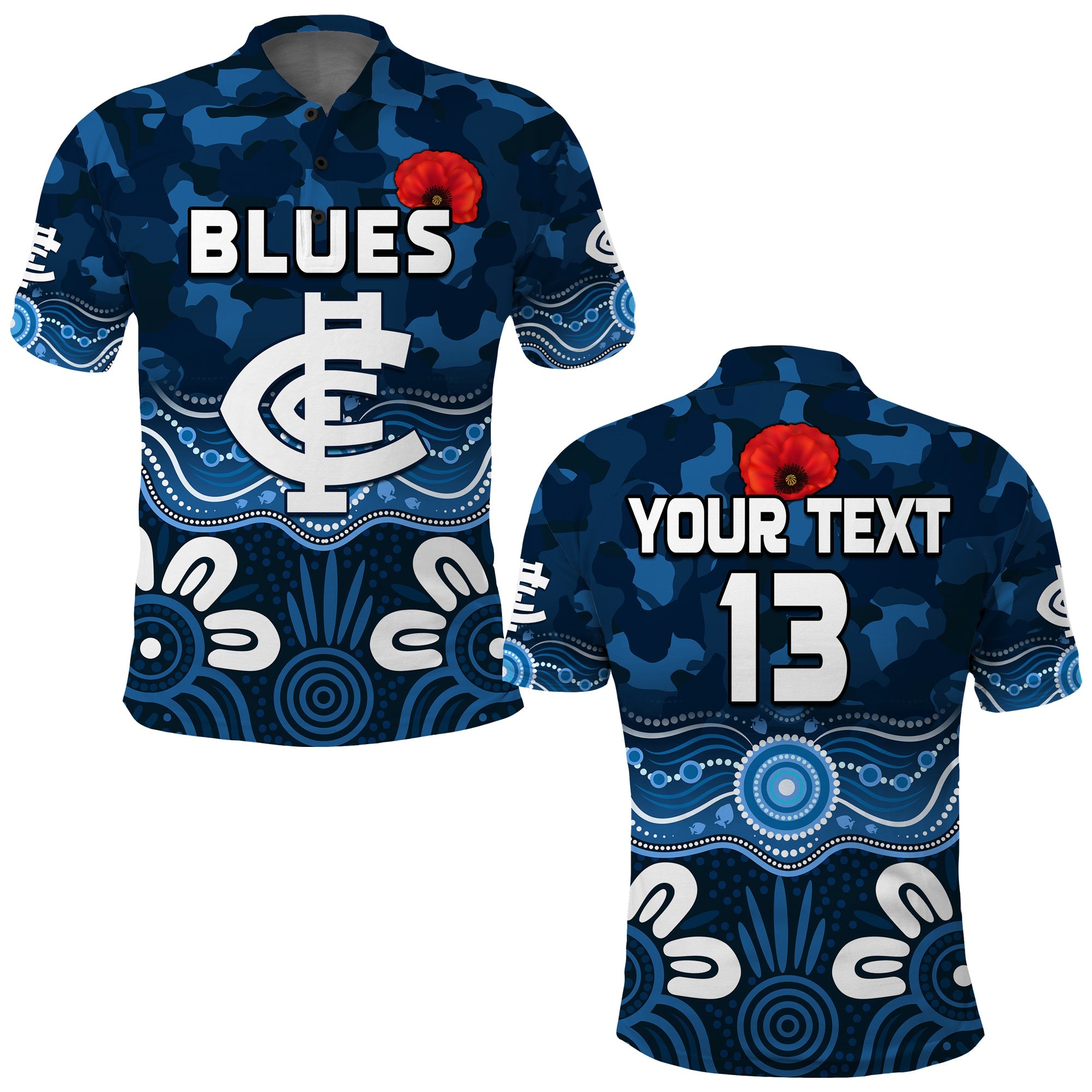 custom-text-and-number-blues-anzac-2022-polo-shirt-carlton-football-aboriginal-poppy