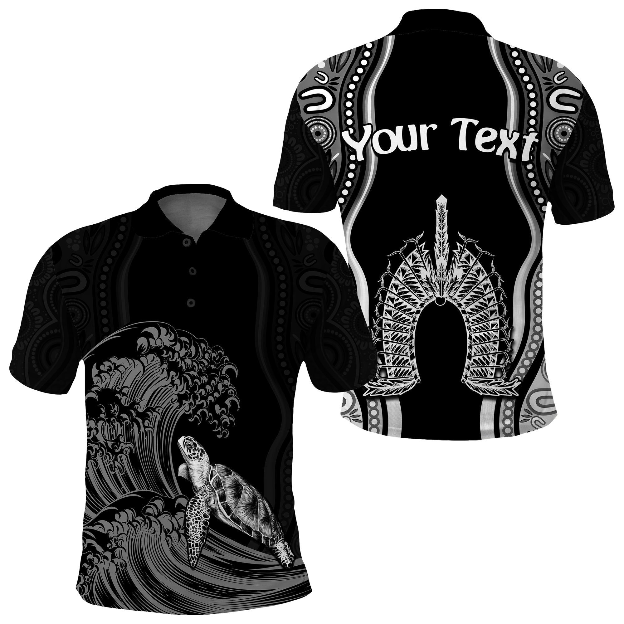 custom-personalised-torres-strait-islands-polo-shirt-the-dhari-mix-aboriginal-turtle-version-black