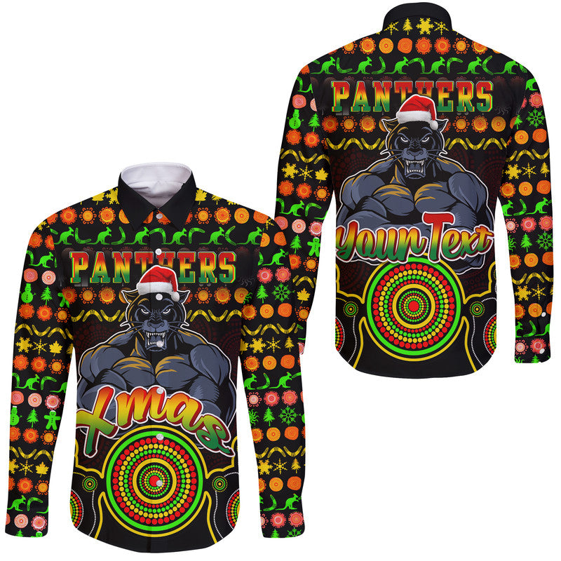 custom-personalised-panthers-christmas-vibe-with-aboriginal-dot-panting-style-hawaii-long-sleeve-button-shirt