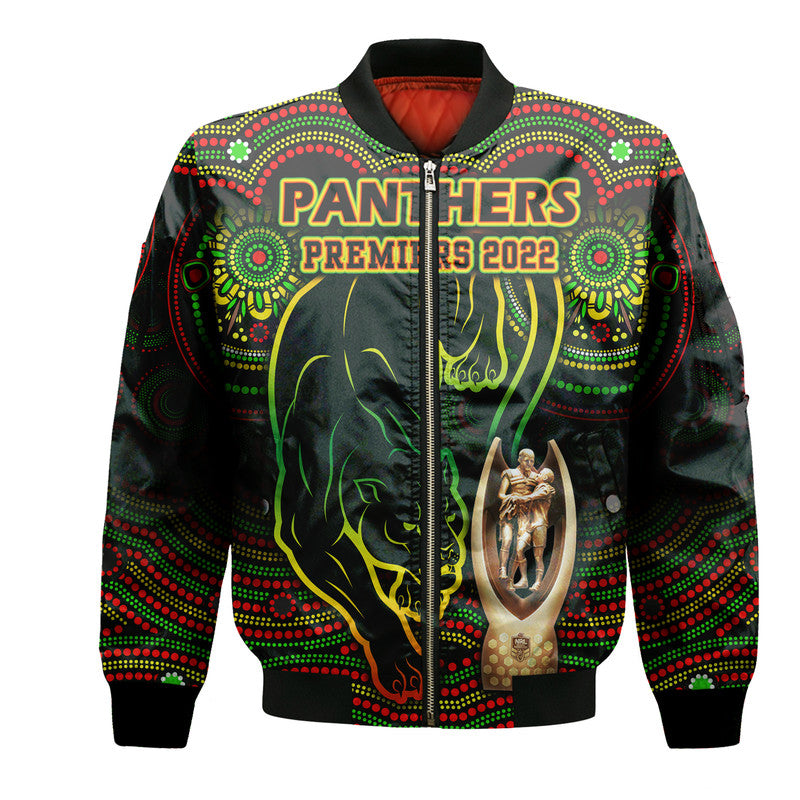 custom-personalised-penrith-panthers-rugby-bomber-jacket-black-crouching-panther-premiers-2022